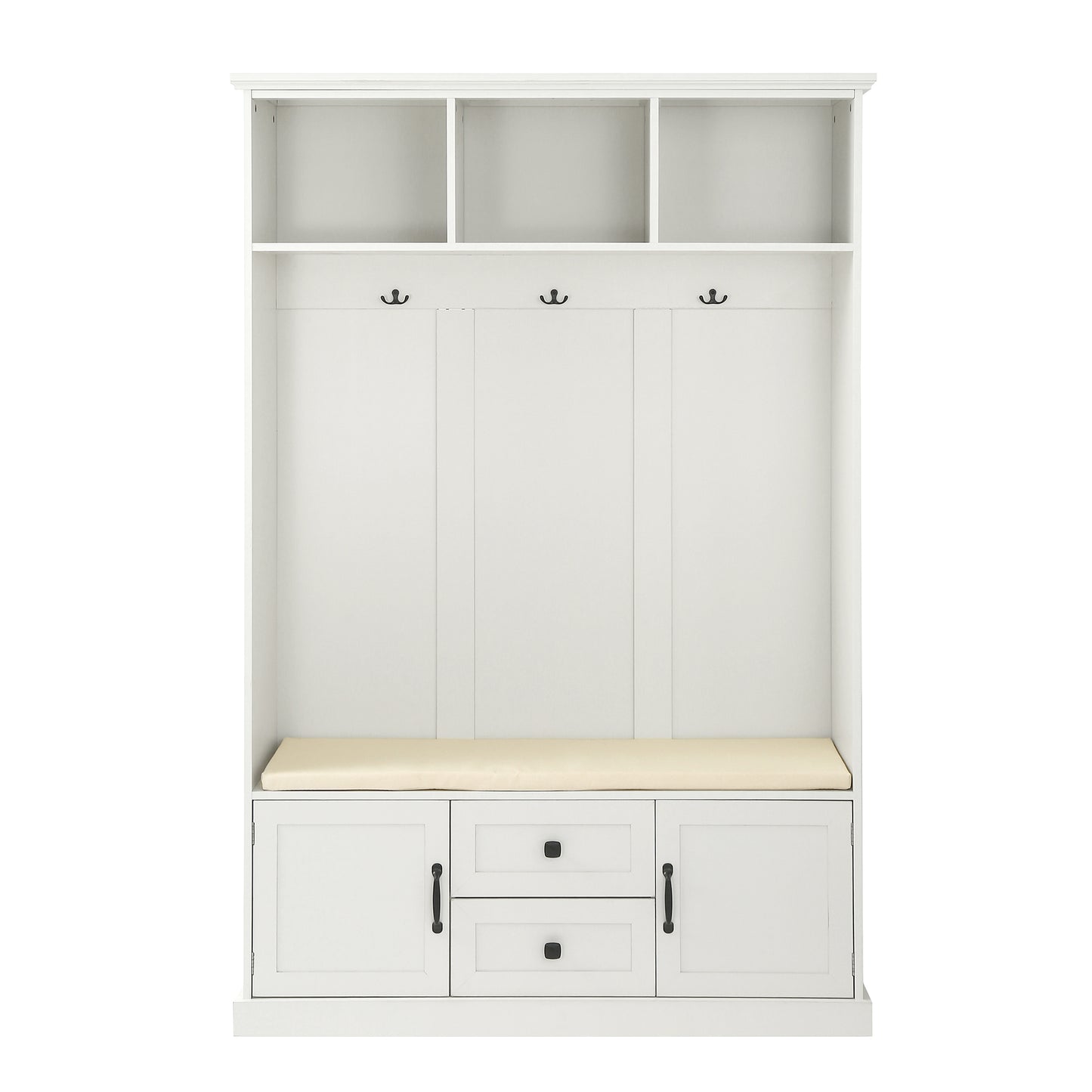White entryway bench with storage featuring three upper cubbies three coat hooks and a cushioned seat