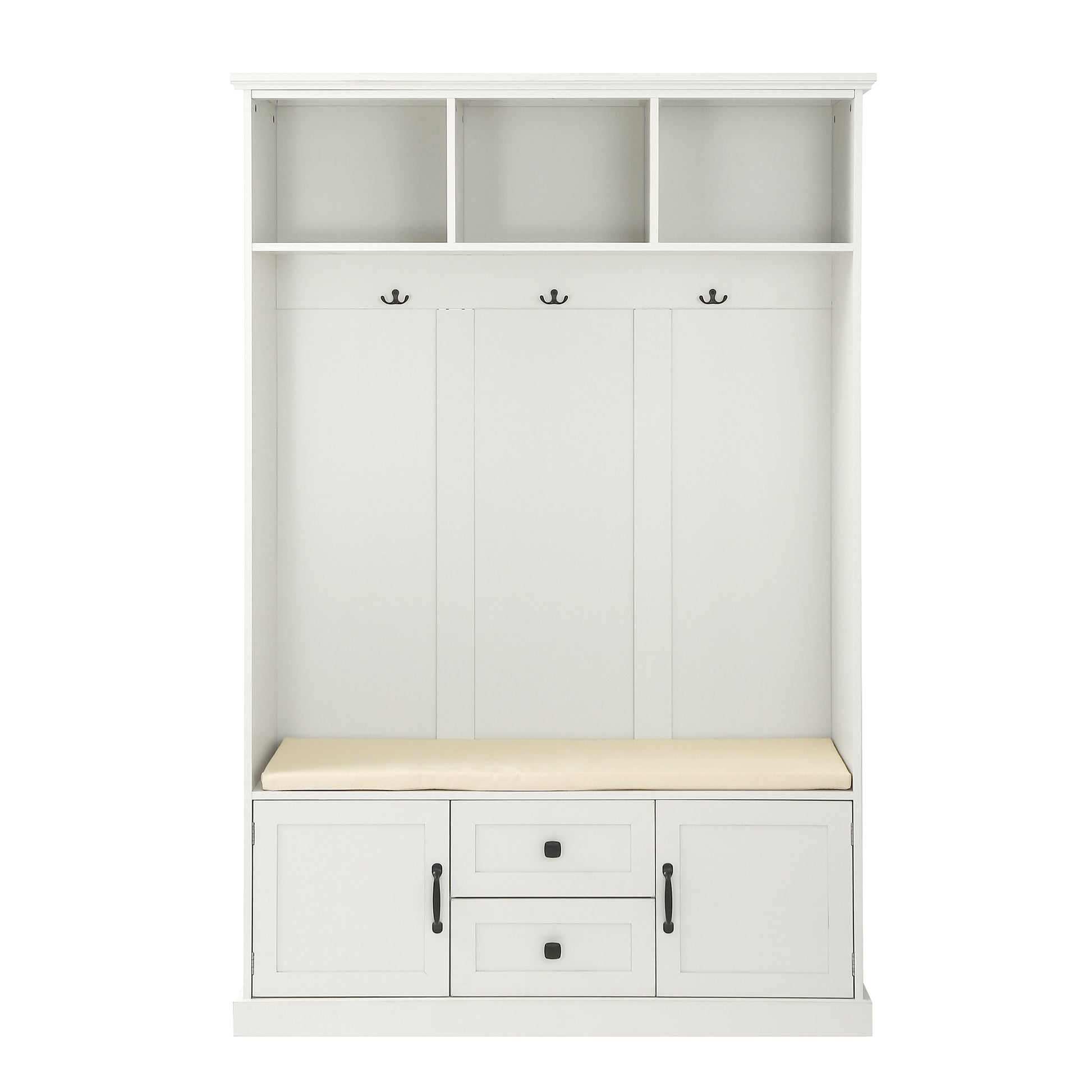 White entryway bench with storage featuring three upper cubbies three coat hooks and a cushioned seat