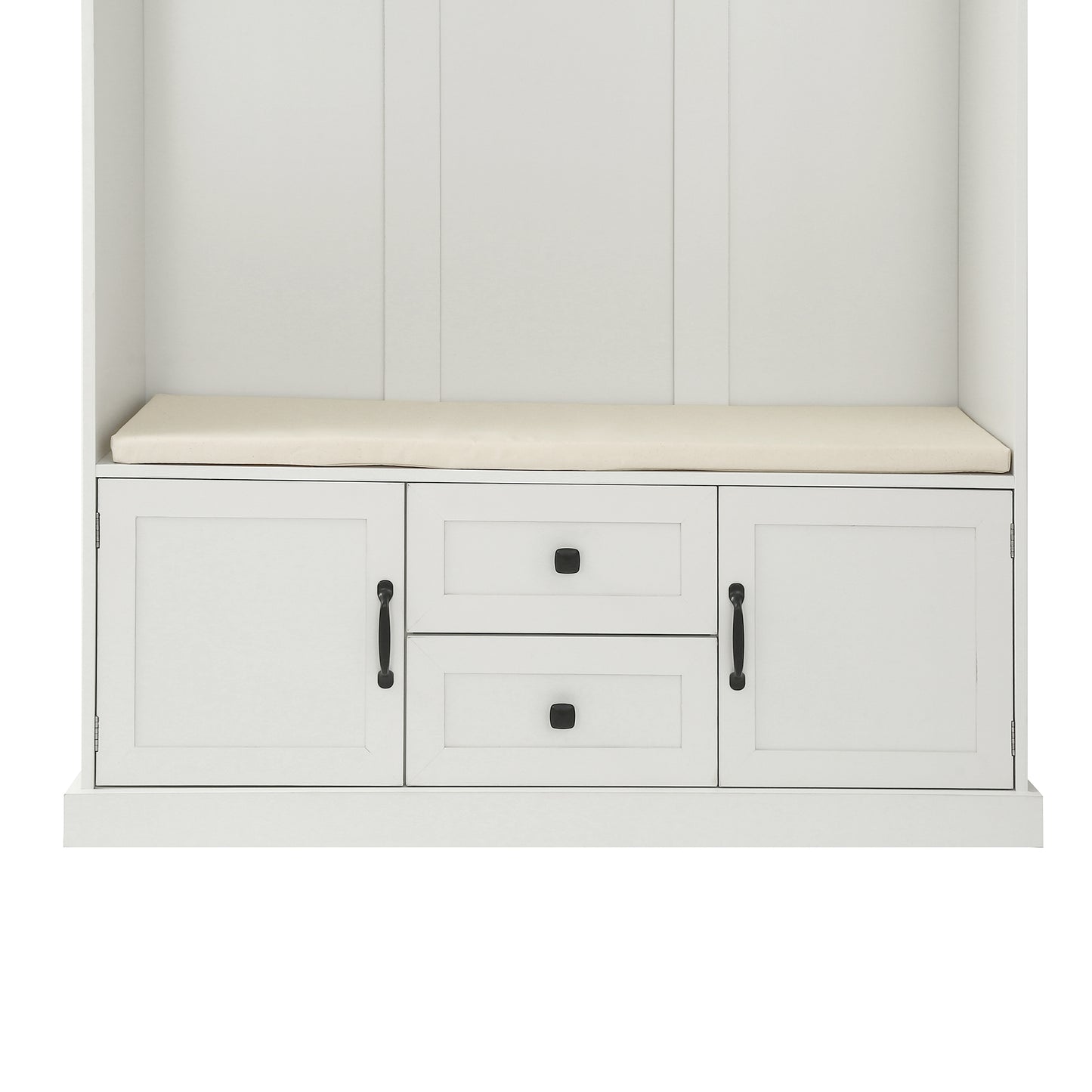 White hall tree bench with two drawers and two cabinet doors