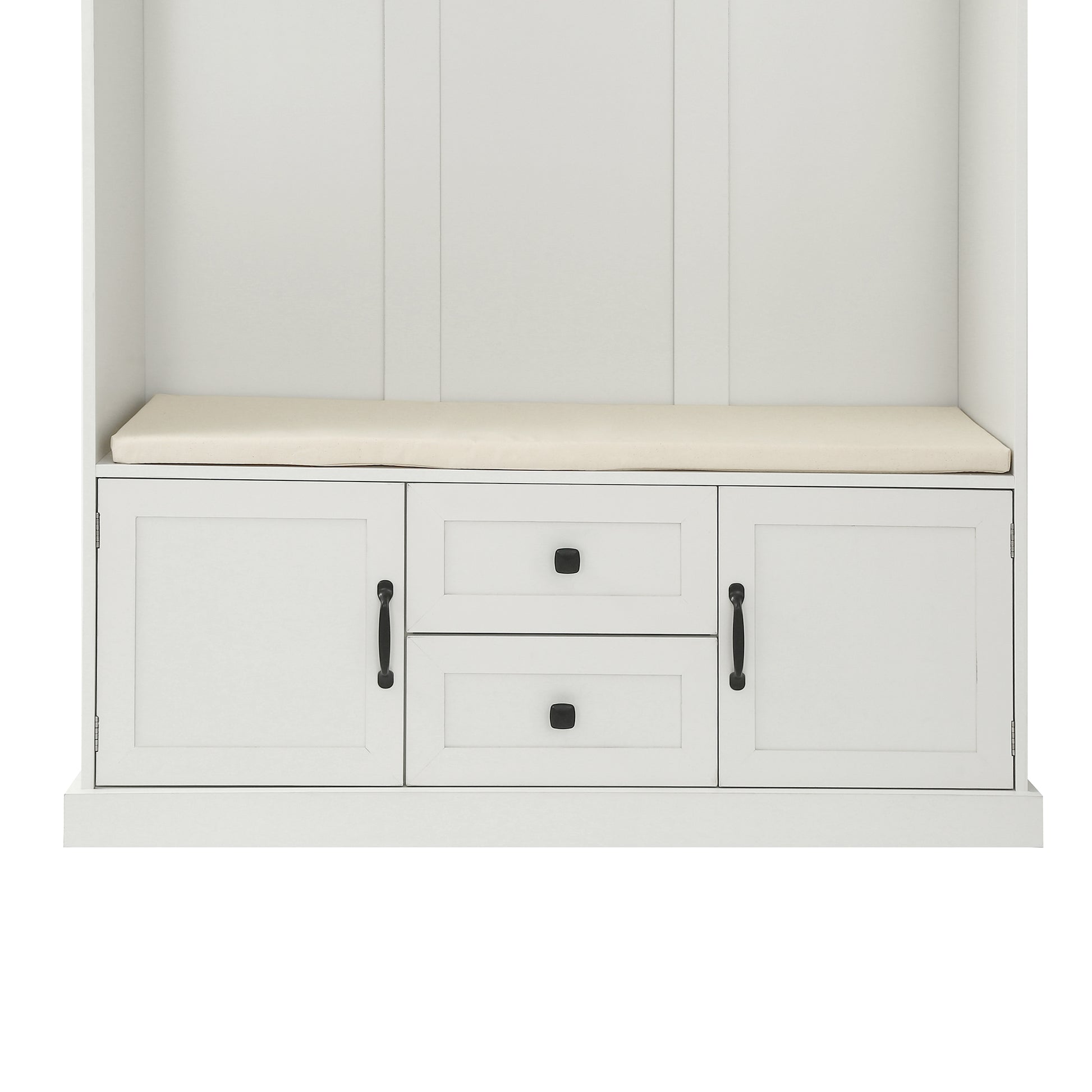 White hall tree bench with two drawers and two cabinet doors