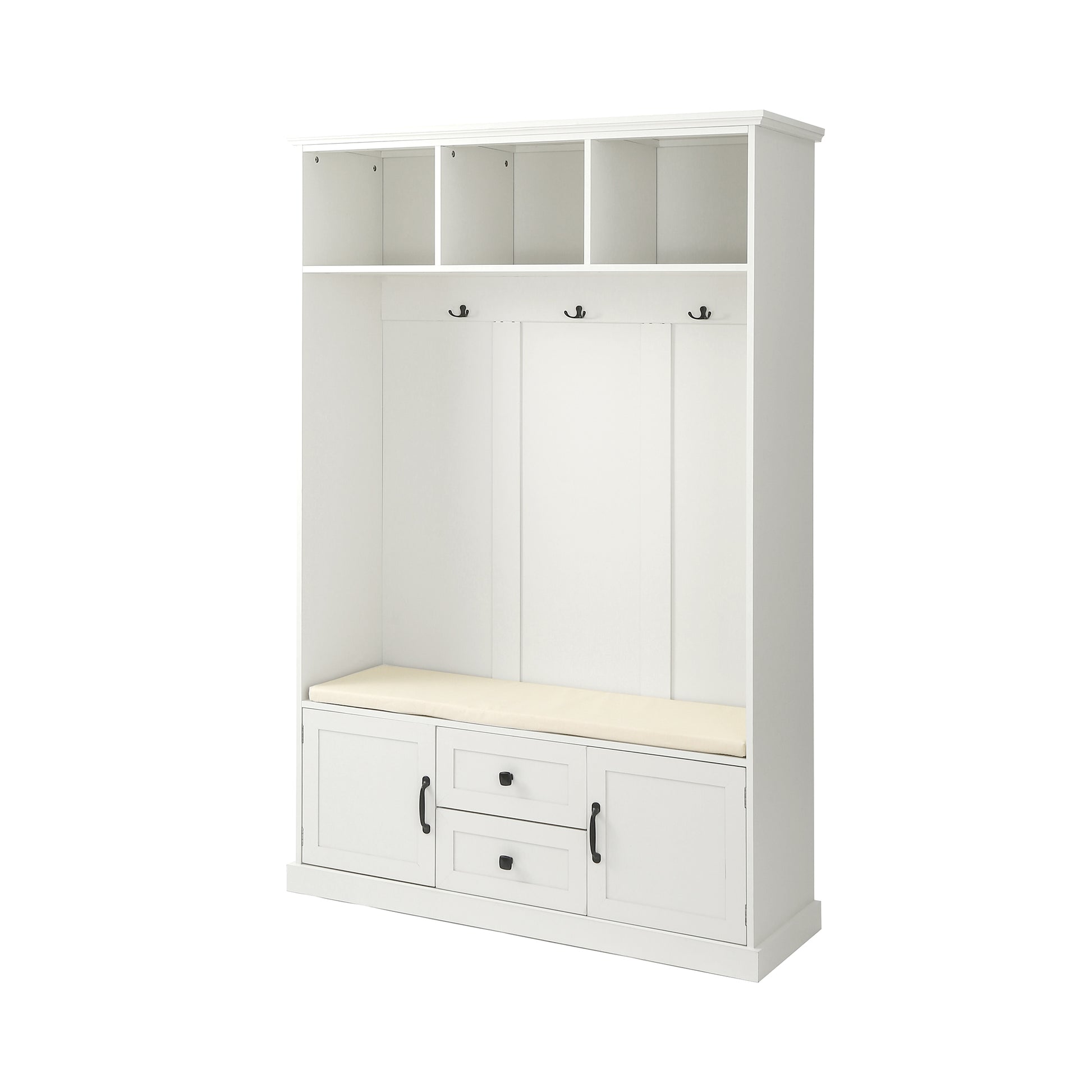 White entryway bench with storage shelves and hooks