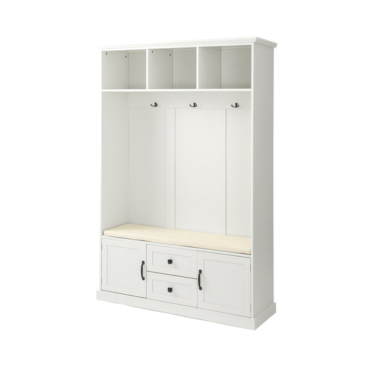 White entryway bench with storage shelves and hooks