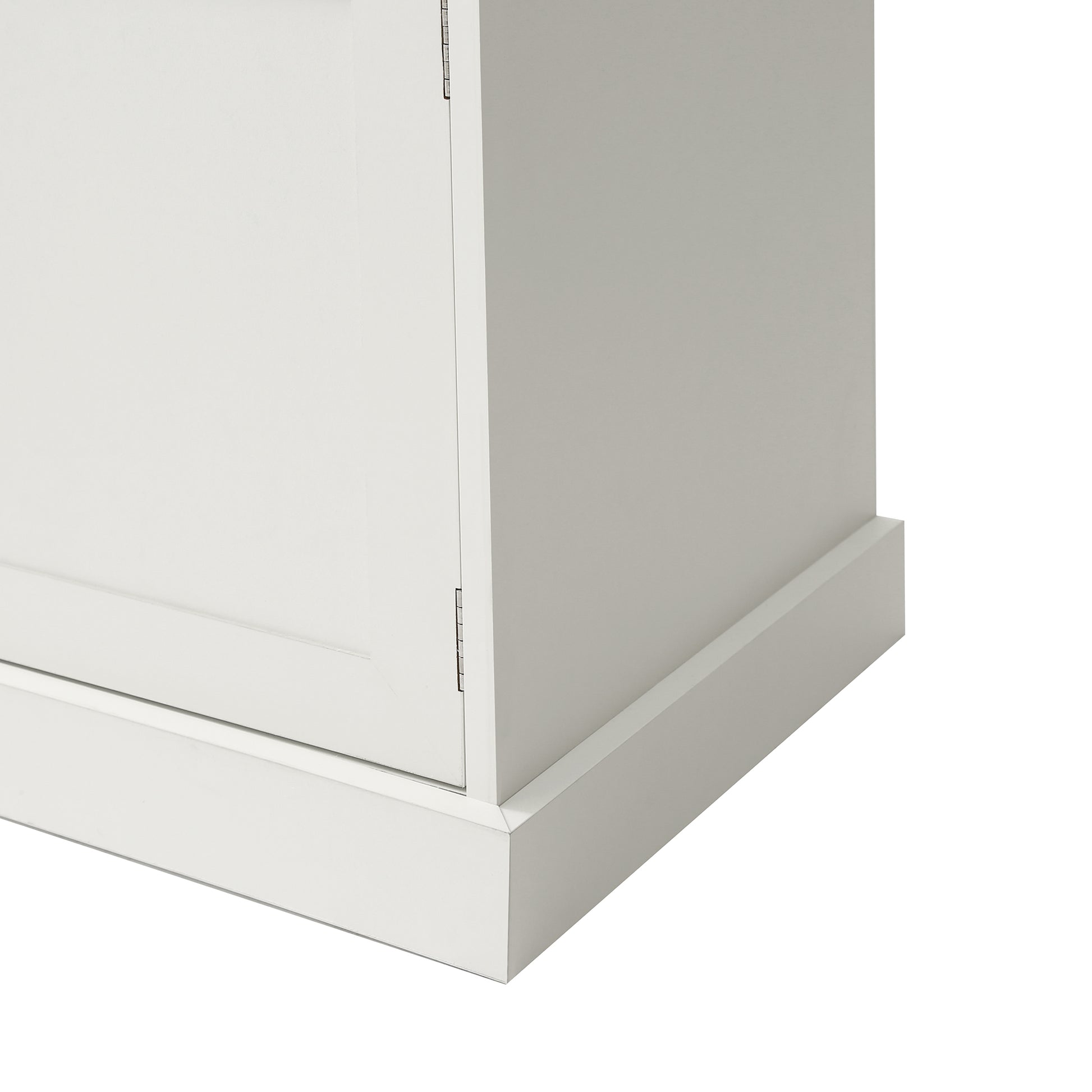 Closeup of white wood cabinet door hinge detail