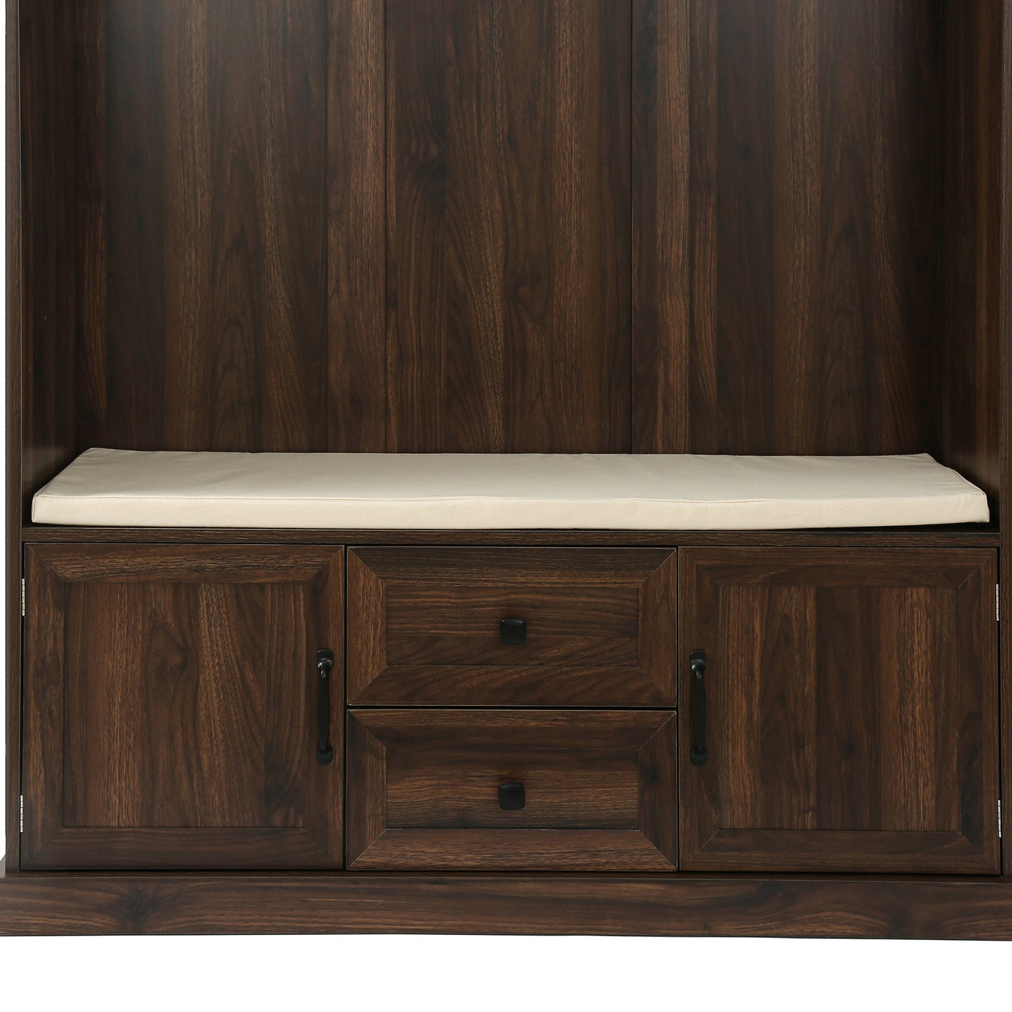 Dark wood entryway bench with cream cushion and two drawers