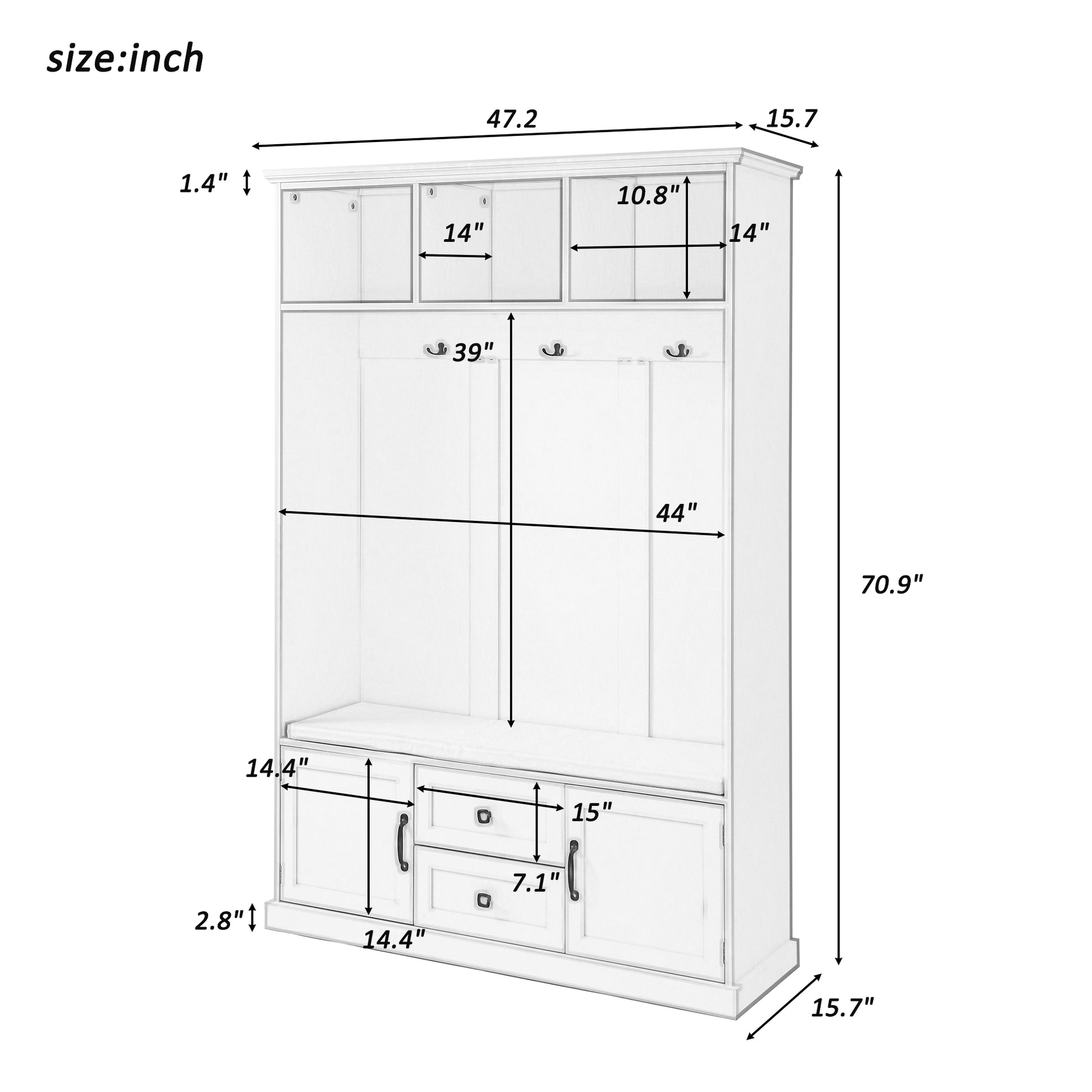 White hall tree with coat hooks and storage bench
