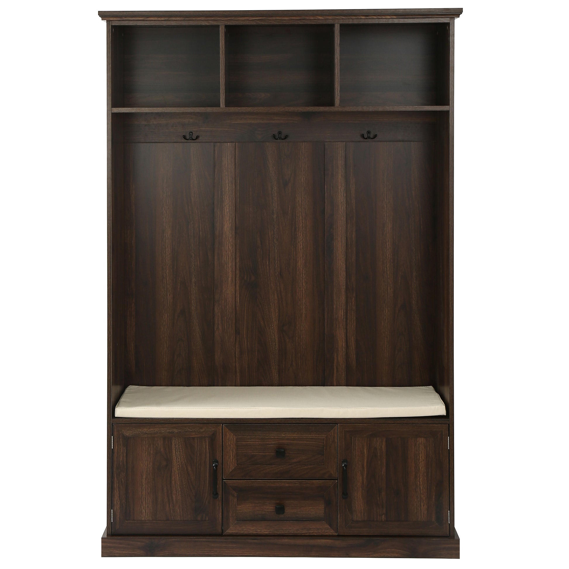 Dark wood hall tree with bench and multiple shelves for entryway organization