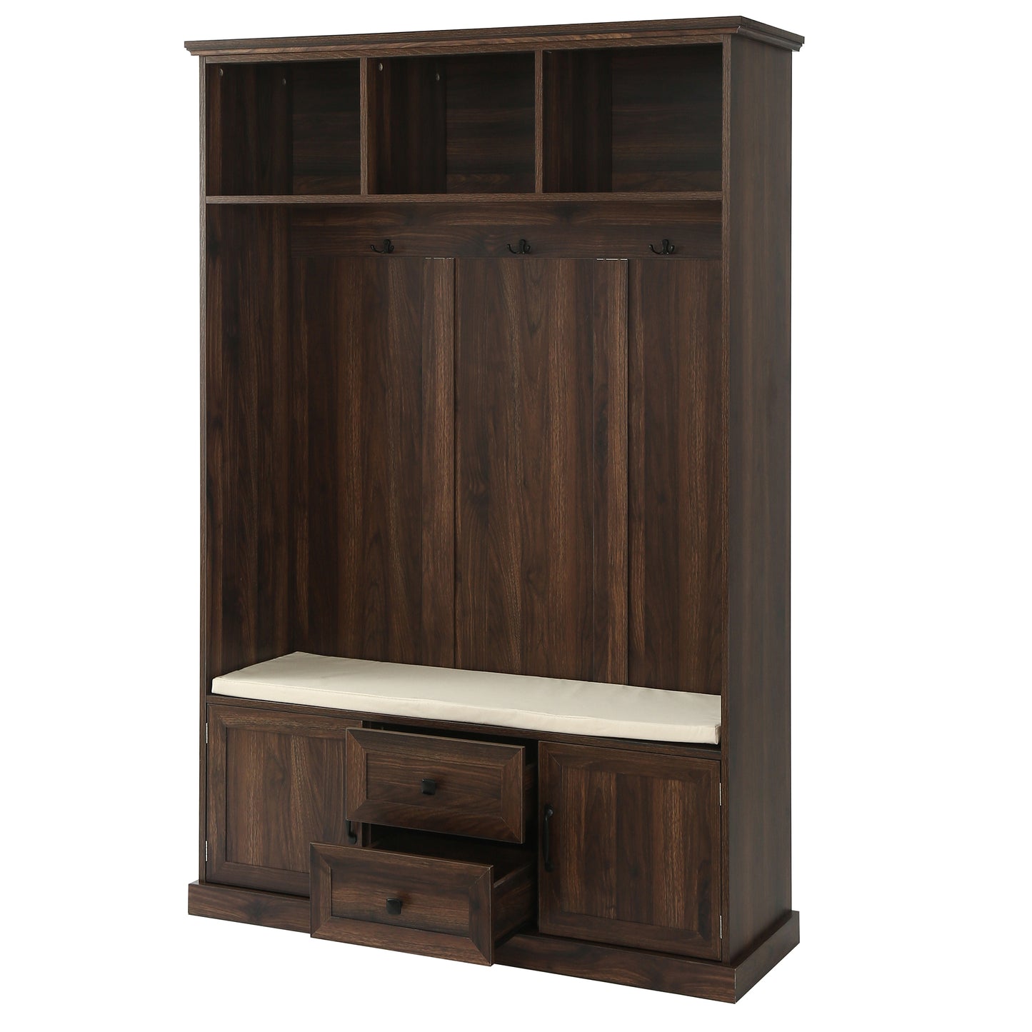 Dark wood entryway bench with storage drawers and cubbies