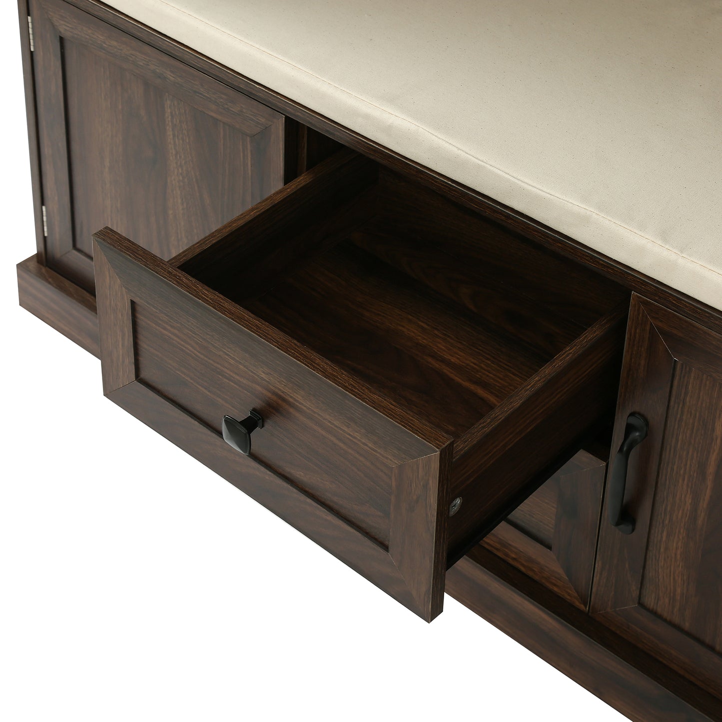 Dark wood storage bench with open drawer and beige cushion