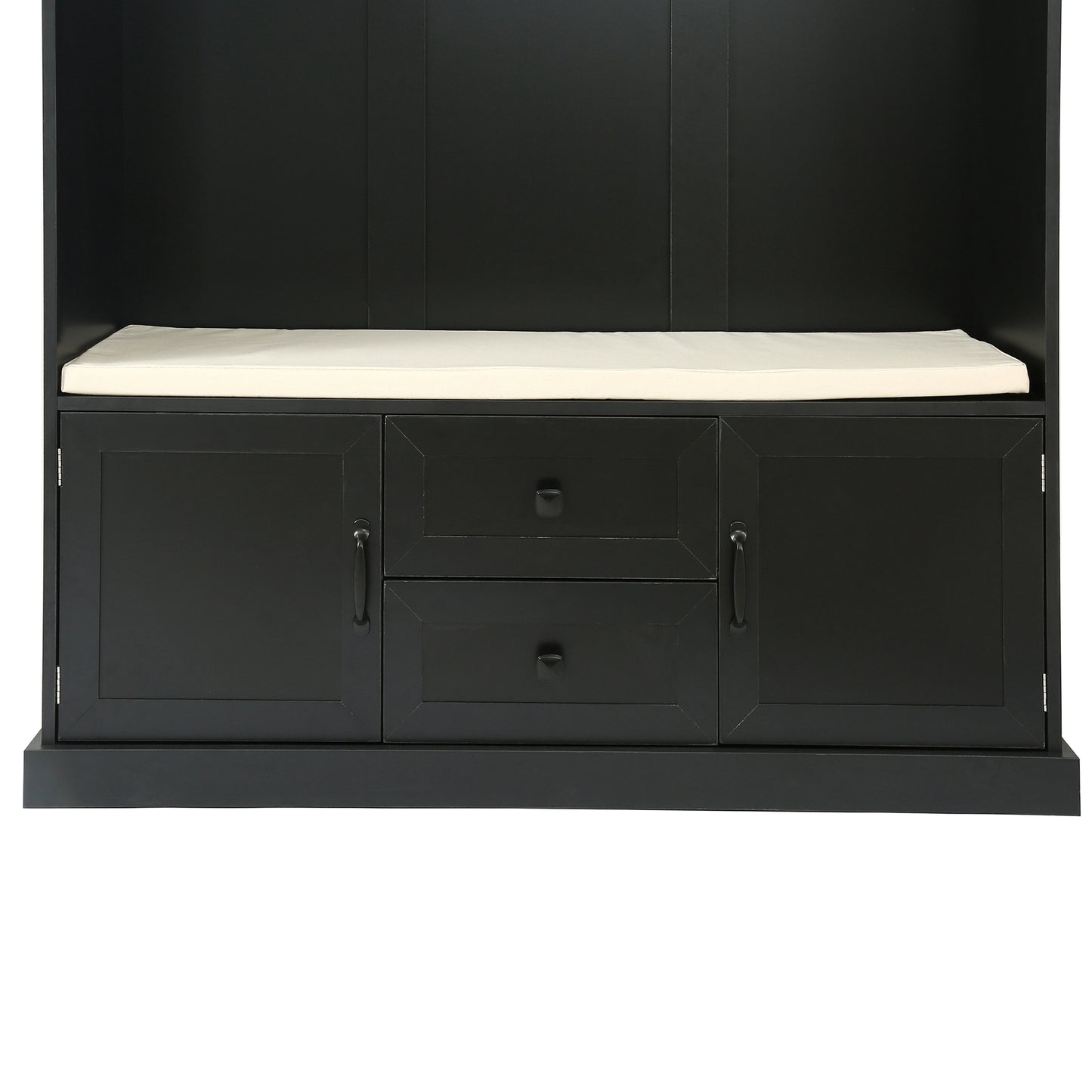 Black entryway bench with cushioned seat and two drawers