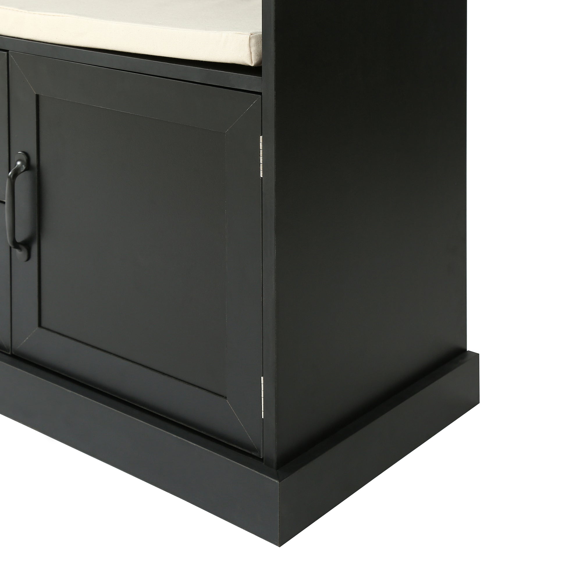 Dark gray entryway bench with cream cushion and two cabinet doors