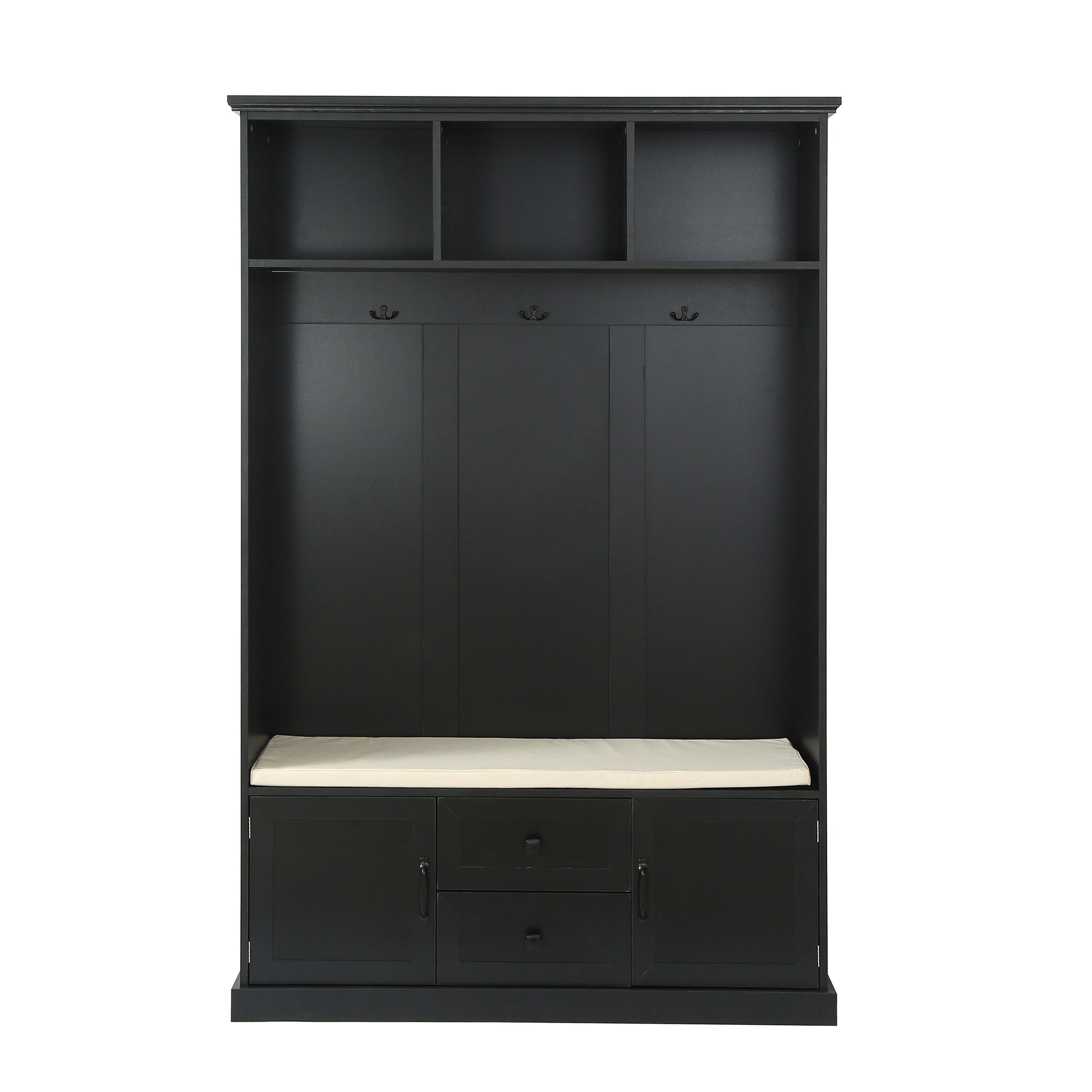 Black entryway bench with coat hooks and ample storage
