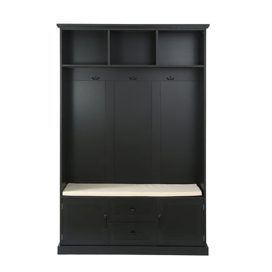 Black entryway bench with coat hooks and ample storage