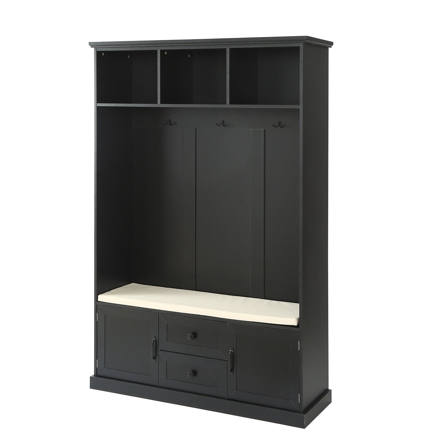 Black hall tree with bench and coat hooks