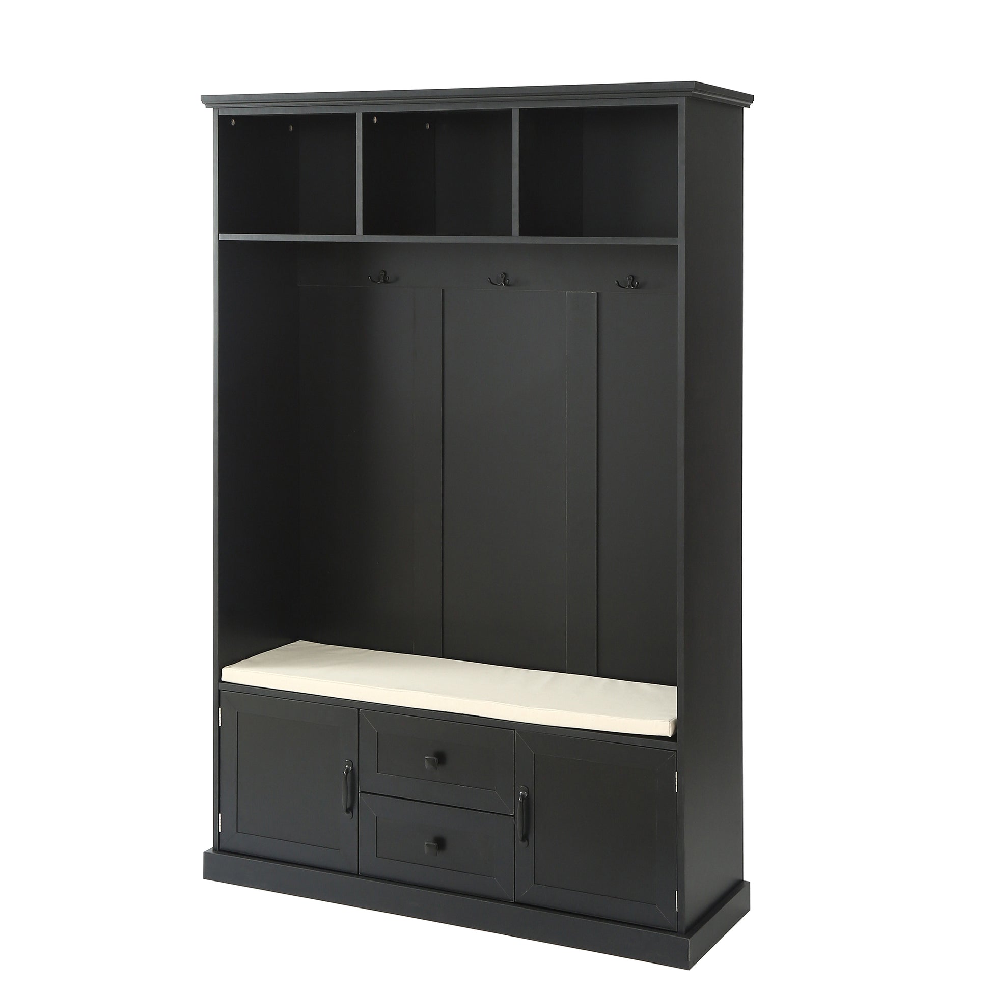Black hall tree with bench and coat hooks