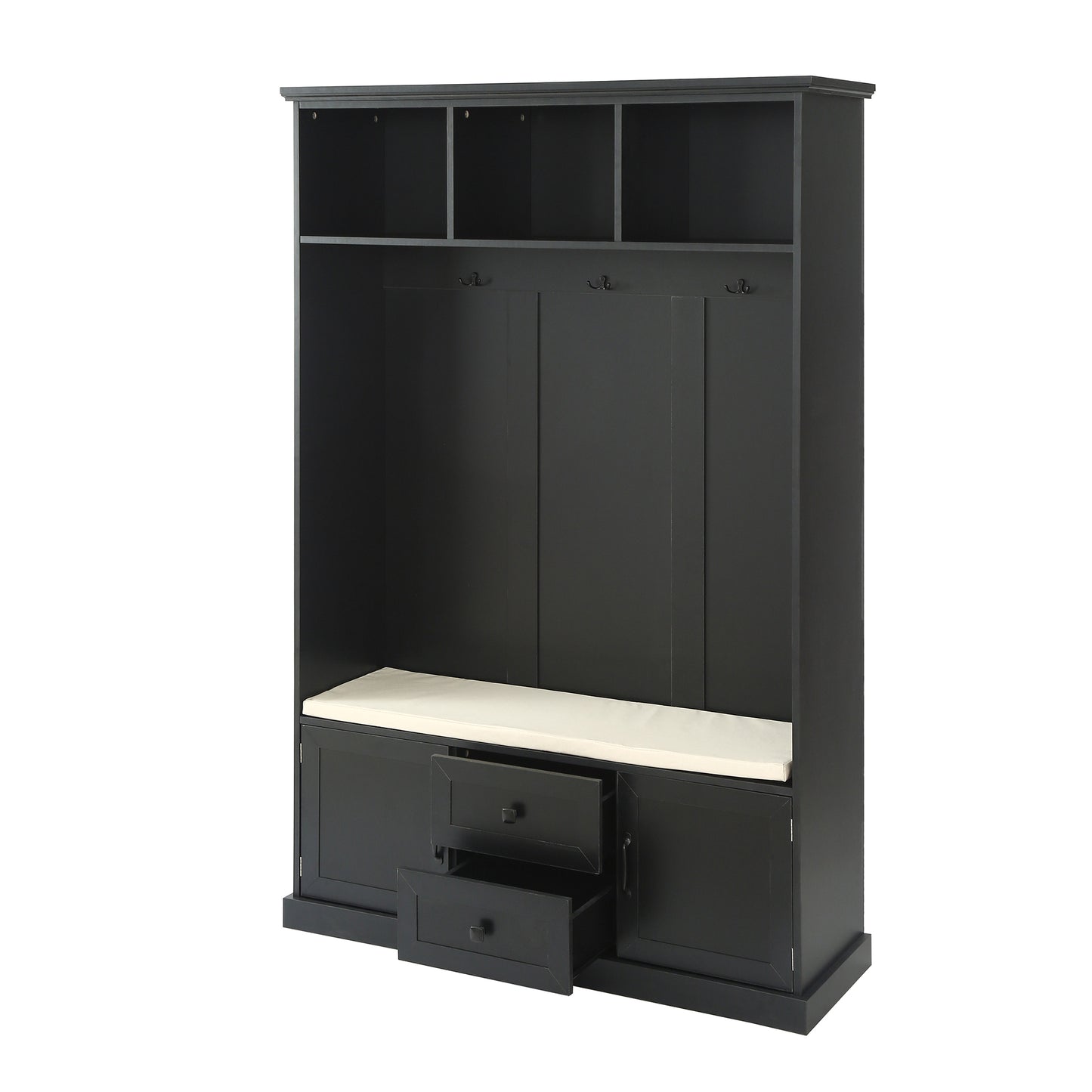 Black entryway bench with coat hooks and storage drawers