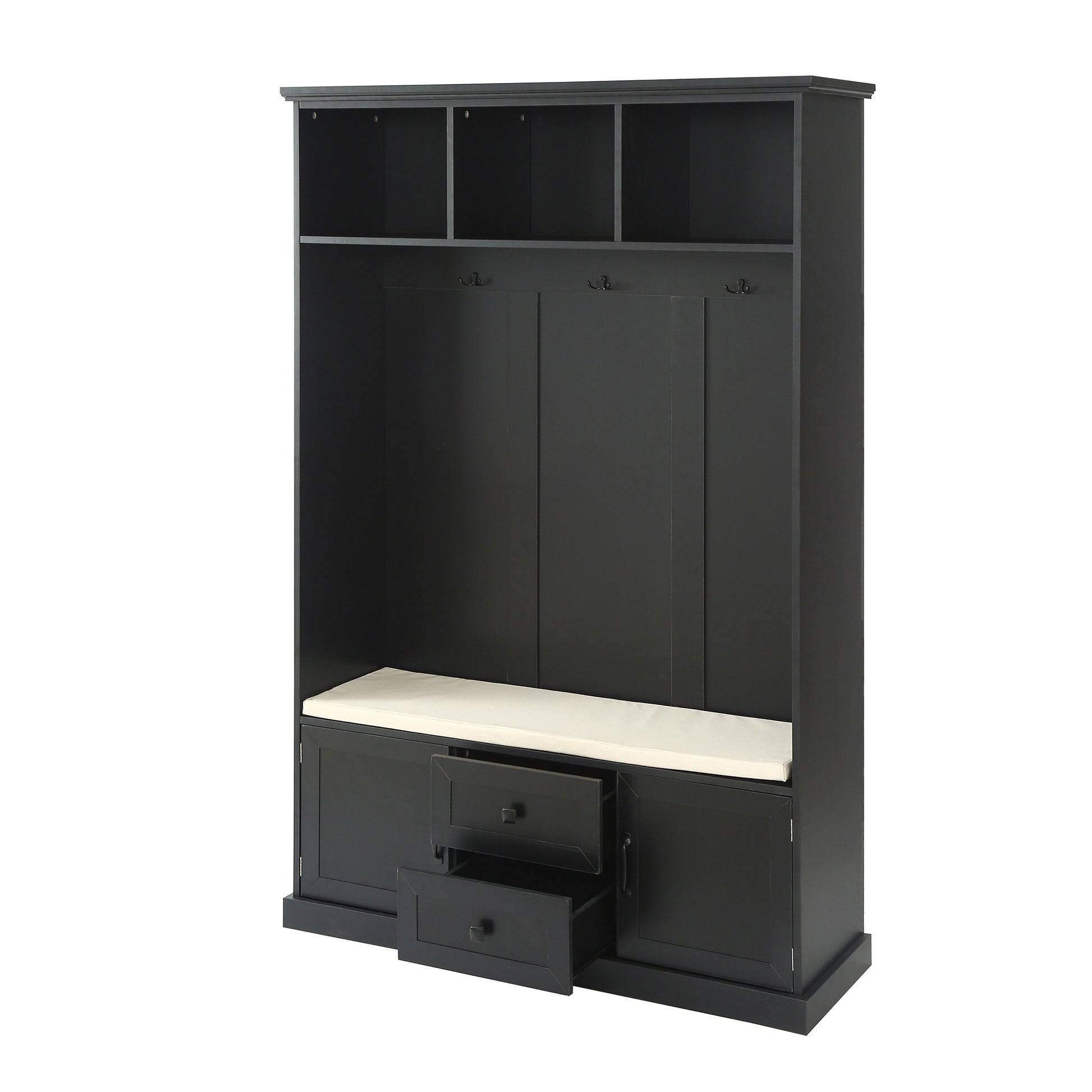 Black entryway bench with coat hooks and storage drawers