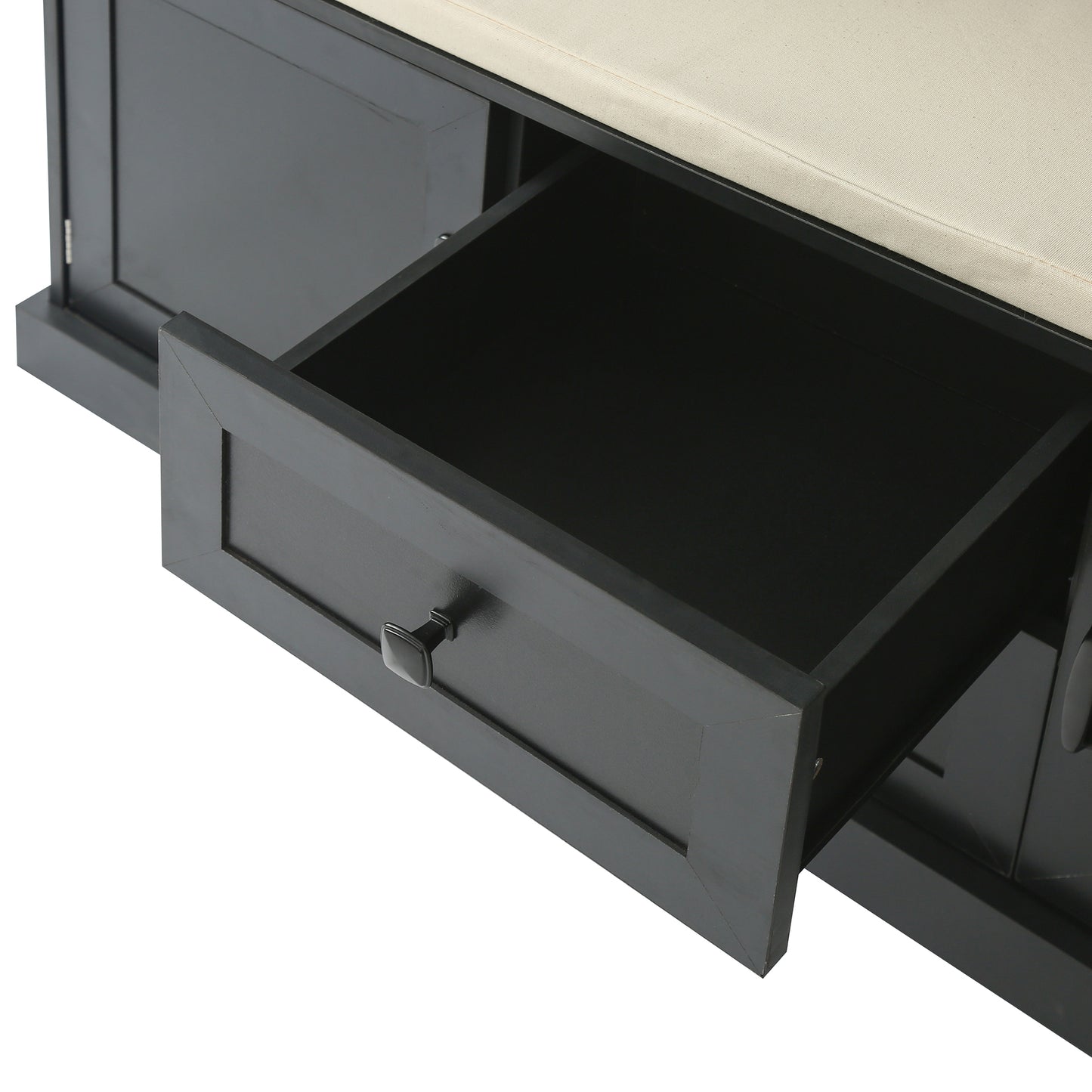 Dark gray entryway bench with open drawer and beige cushion