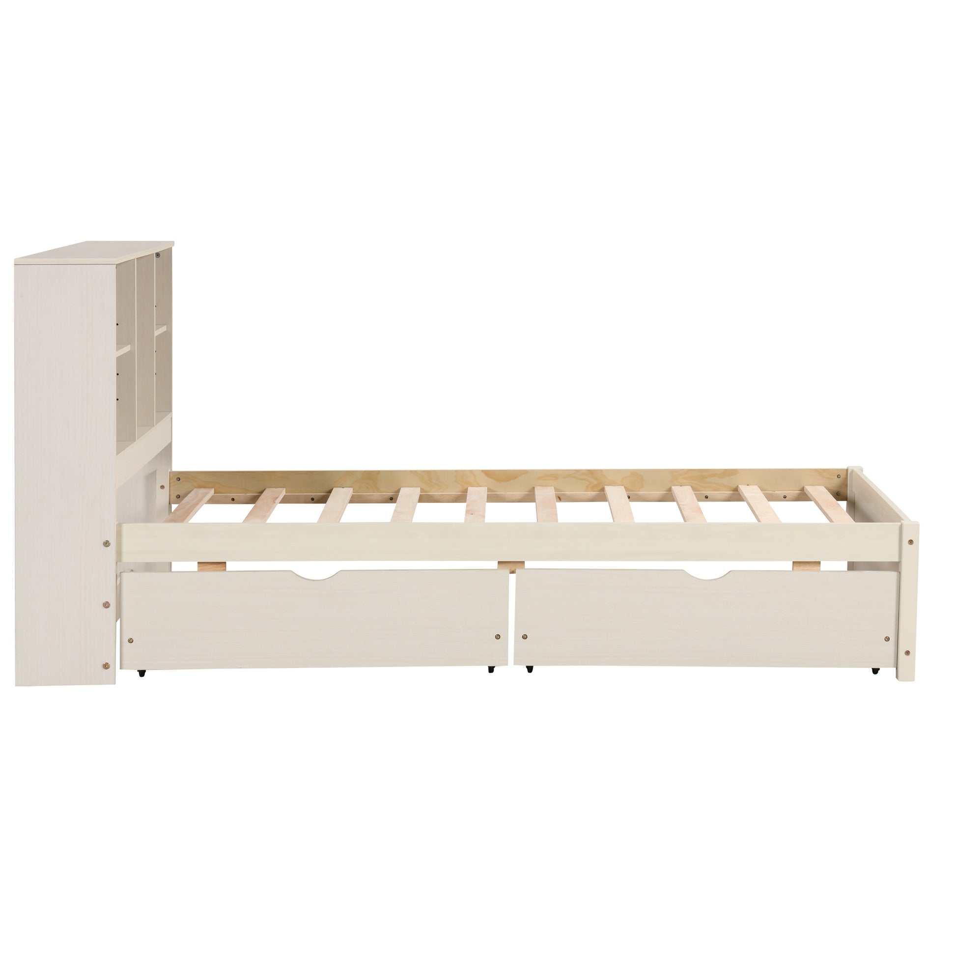 White twin bed frame with integrated bookcase headboard and two storage drawers