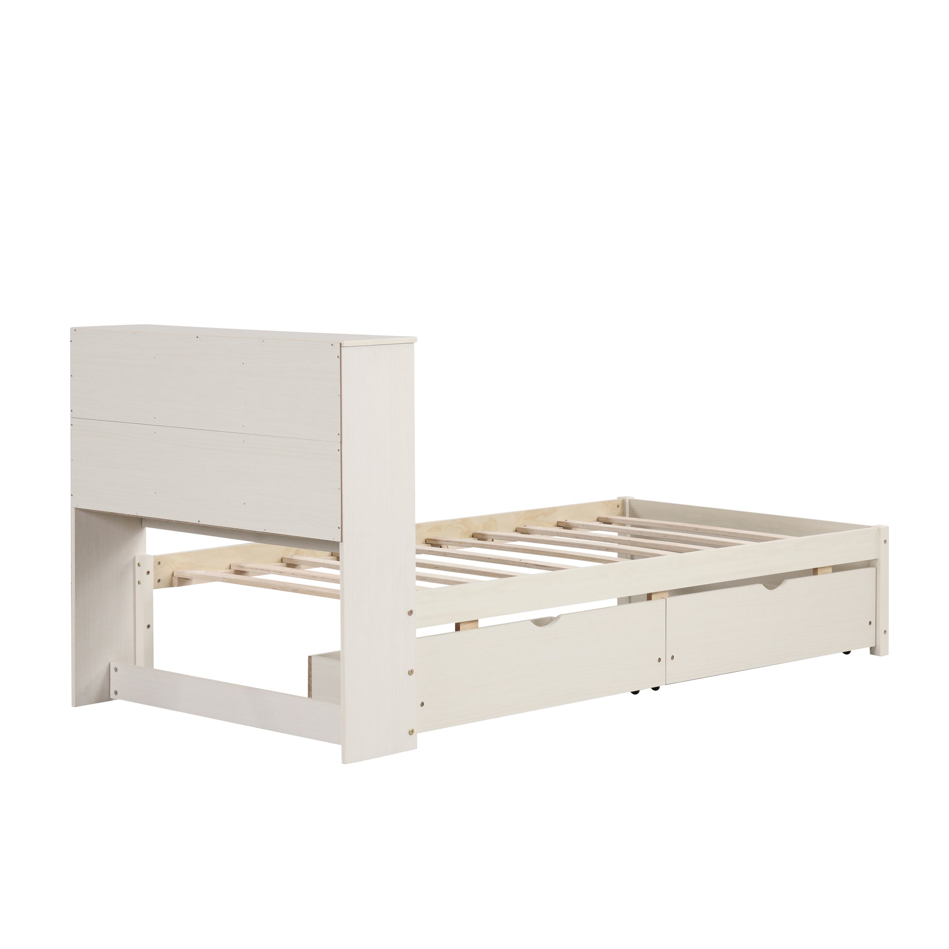 White twin bed frame with headboard and two drawers