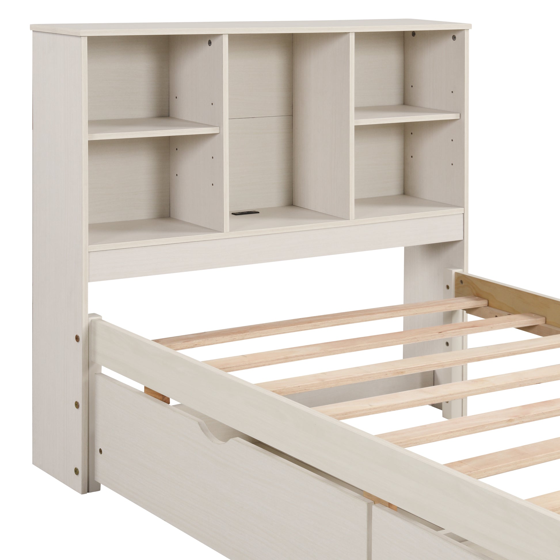 White twin bed frame with integrated bookshelf headboard