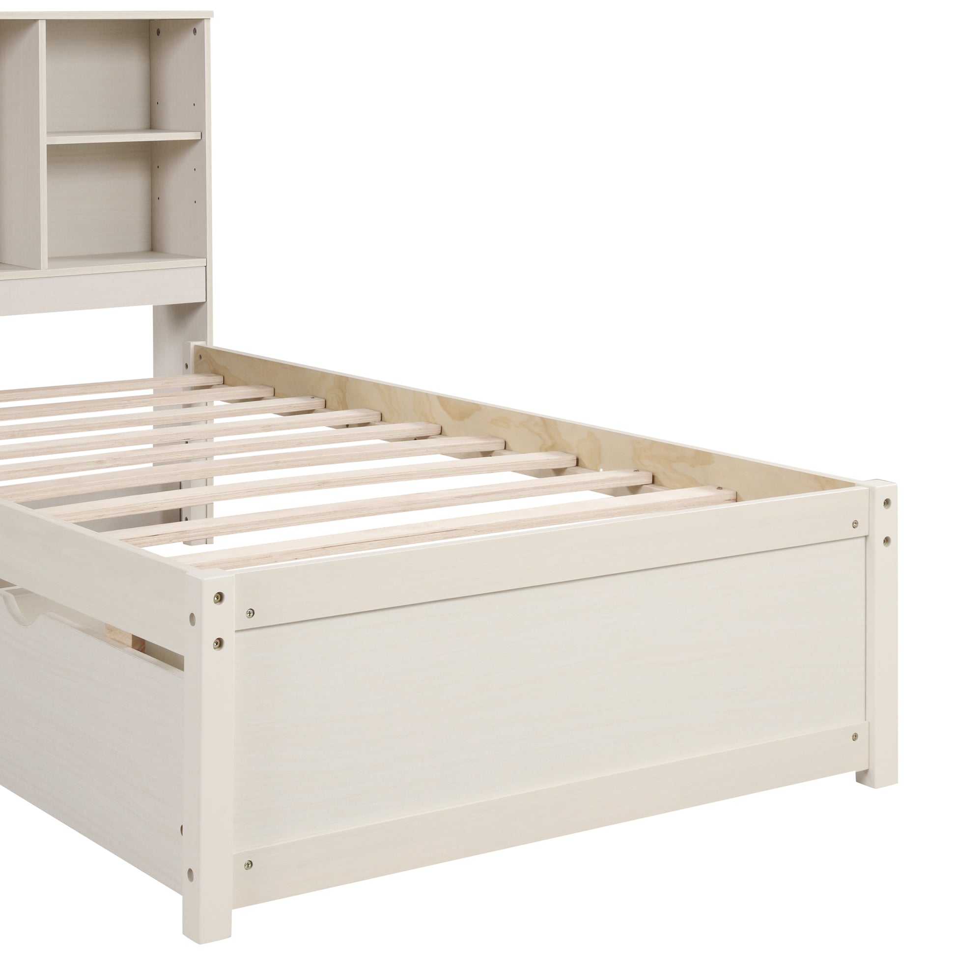 Cream wood twin bed frame with storage drawers and a bookshelf headboard