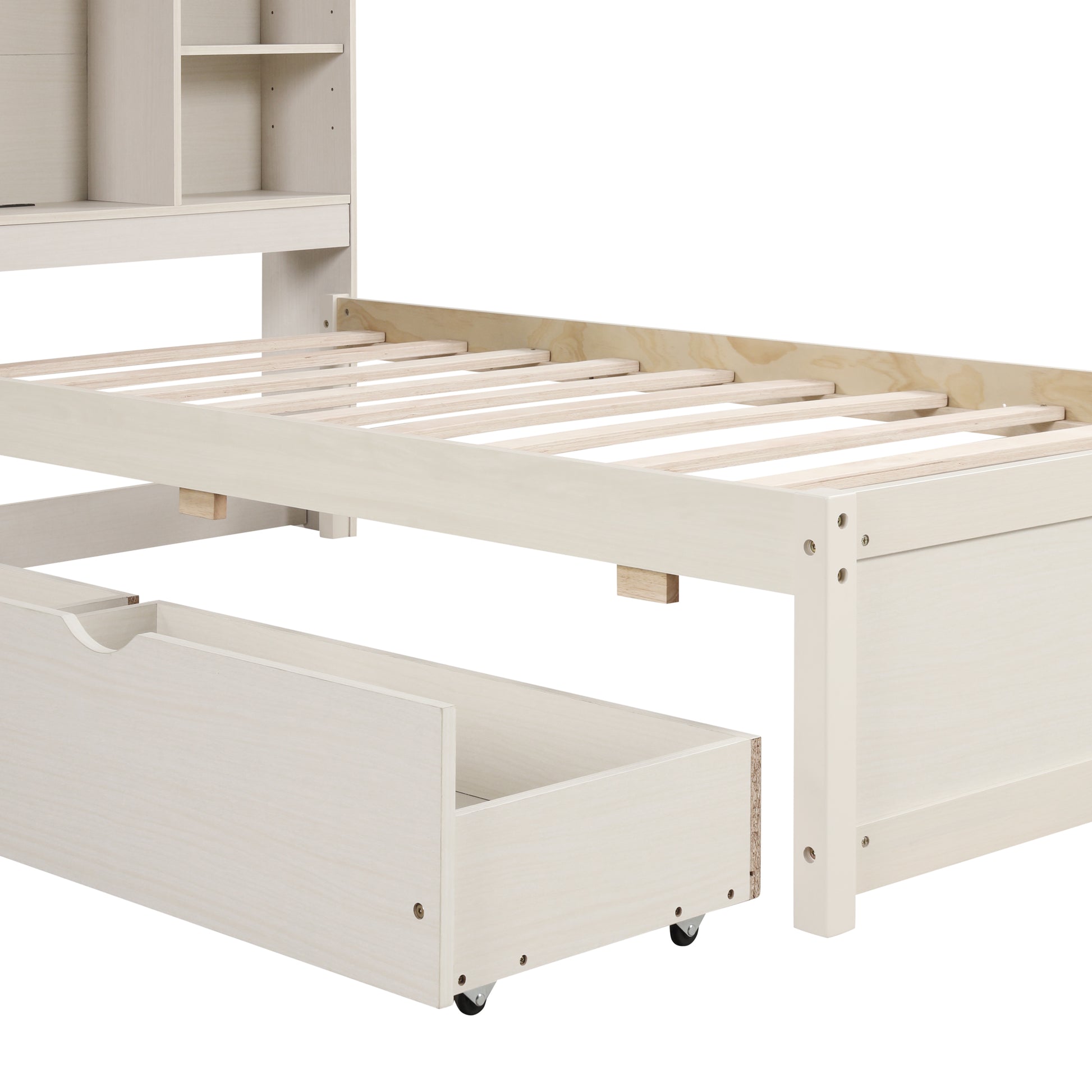 Light wood twin bed frame with pullout trundle drawer and open shelving