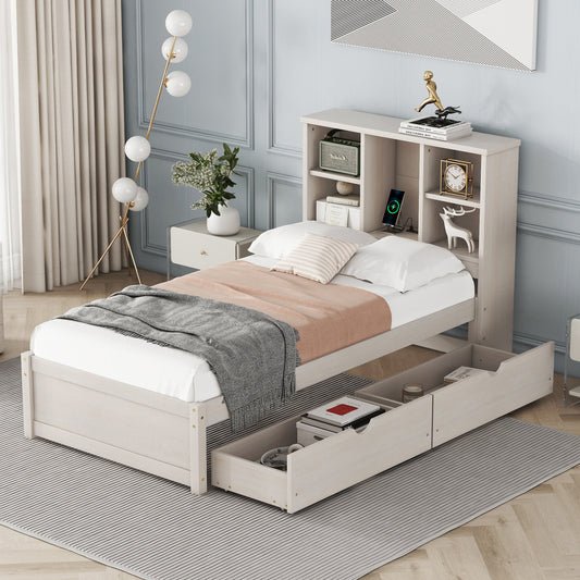 TREATLIFE HOME Modern Twin Size Bed Frame with Integrated USB Port, Bookcase Headboard, and Dual Drawers, White Washed Finish