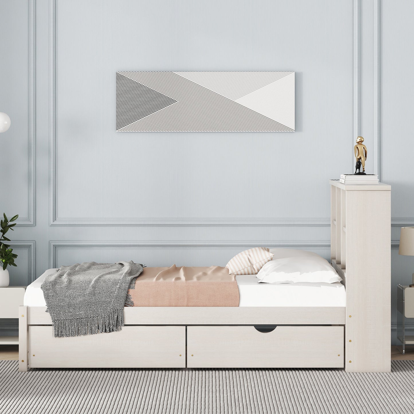 White wood twin bed frame with drawers and bookcase headboard