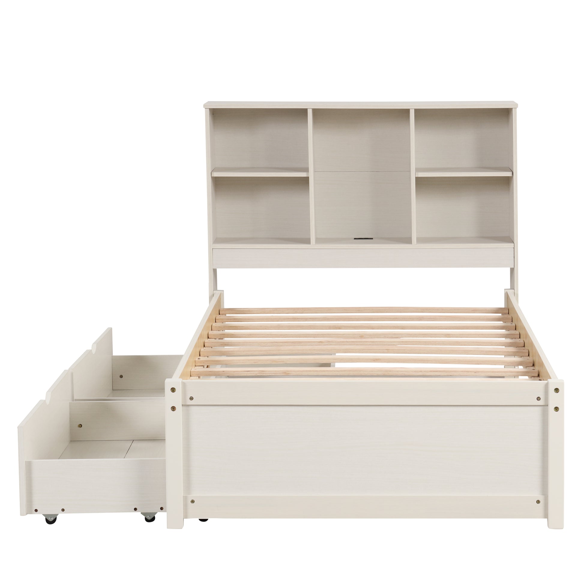 Cream wood twin bed frame with bookcase headboard and two drawers