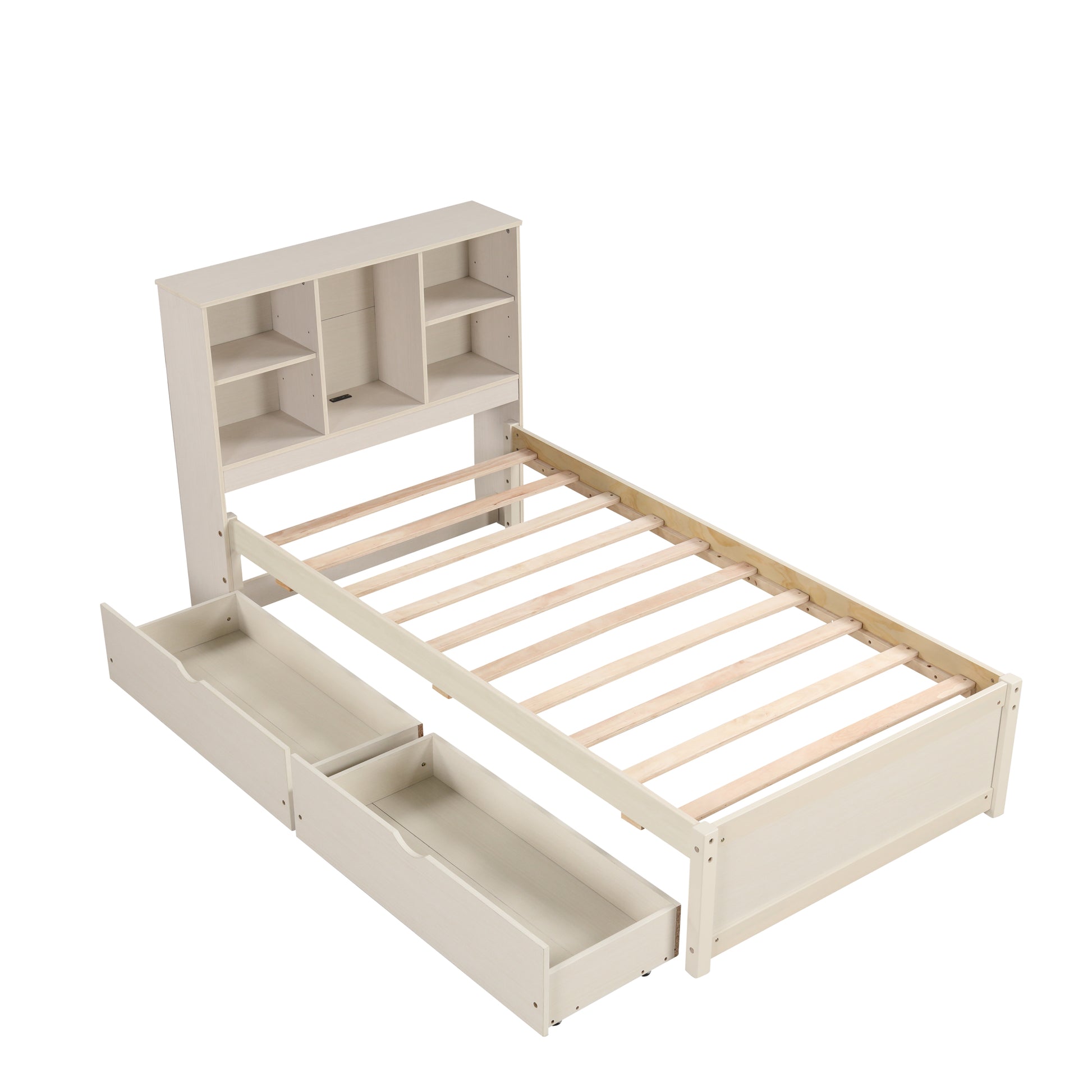 Cream wood twin bed frame with headboard shelves and two storage drawers