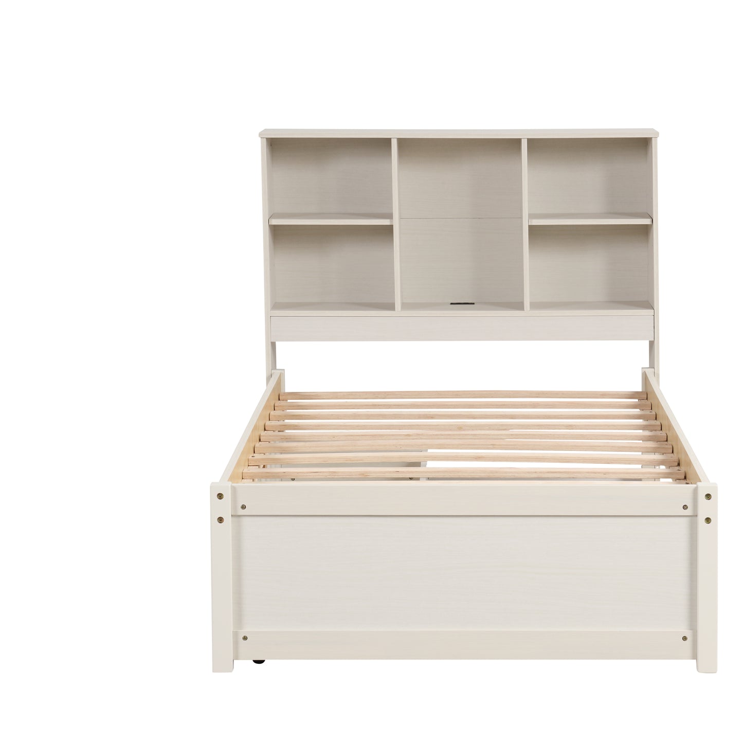 Cream wooden bed frame with bookcase headboard and slatted base