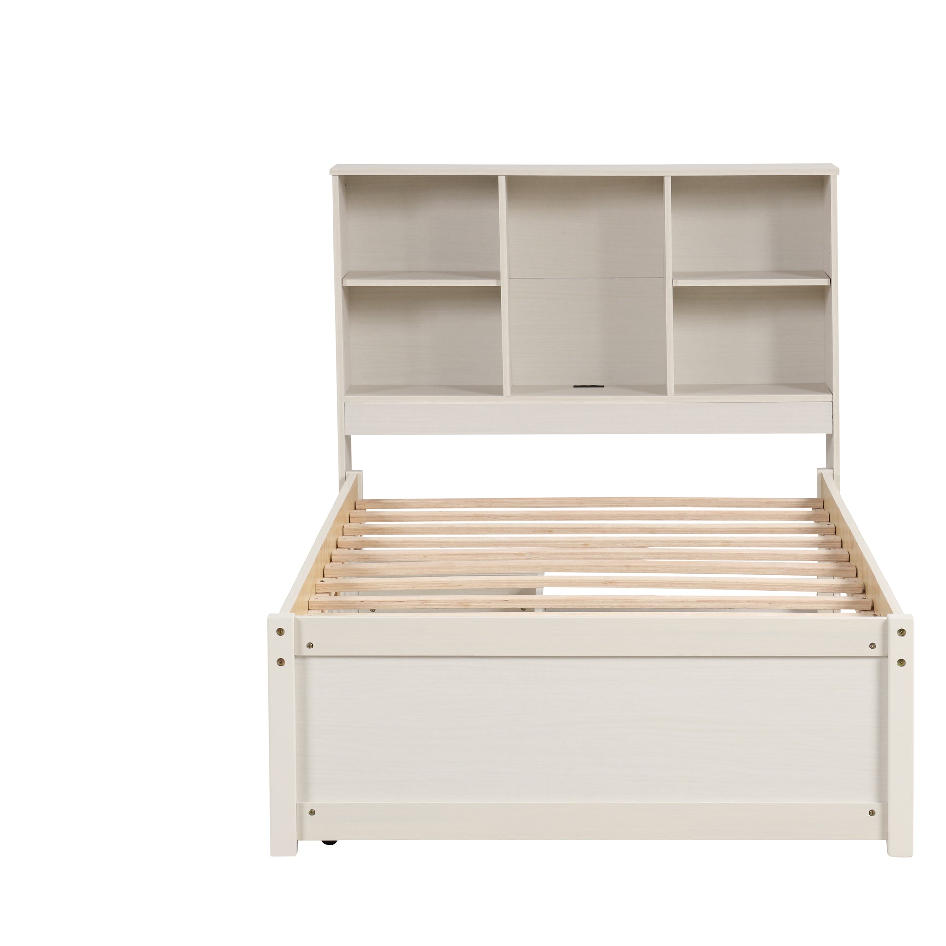 Cream wooden bed frame with bookcase headboard and slatted base