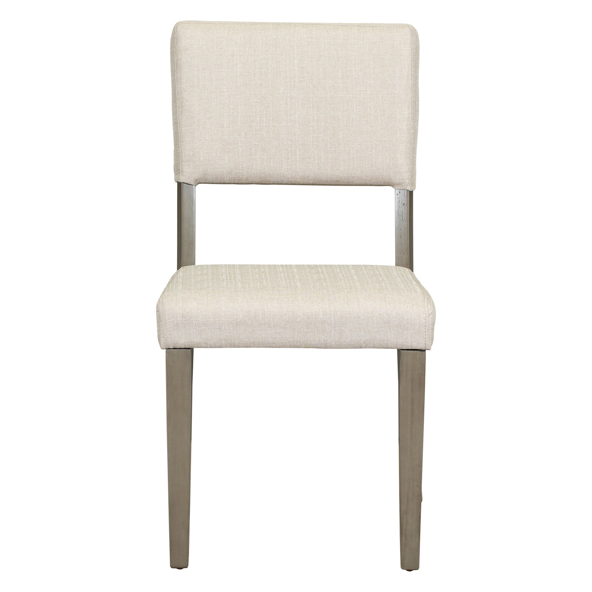 Cream upholstered dining chair with light grey wood legs