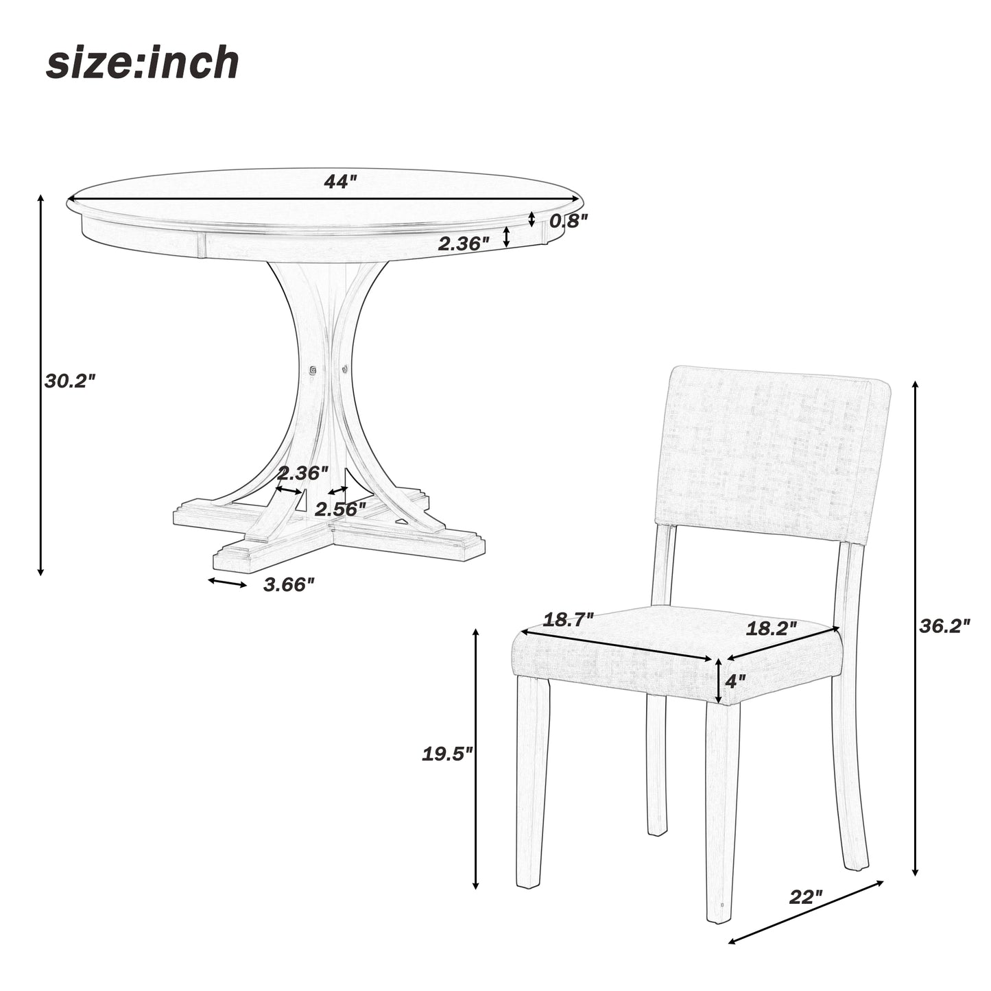 Round dining table  inches diameter with pedestal base and dimension callouts