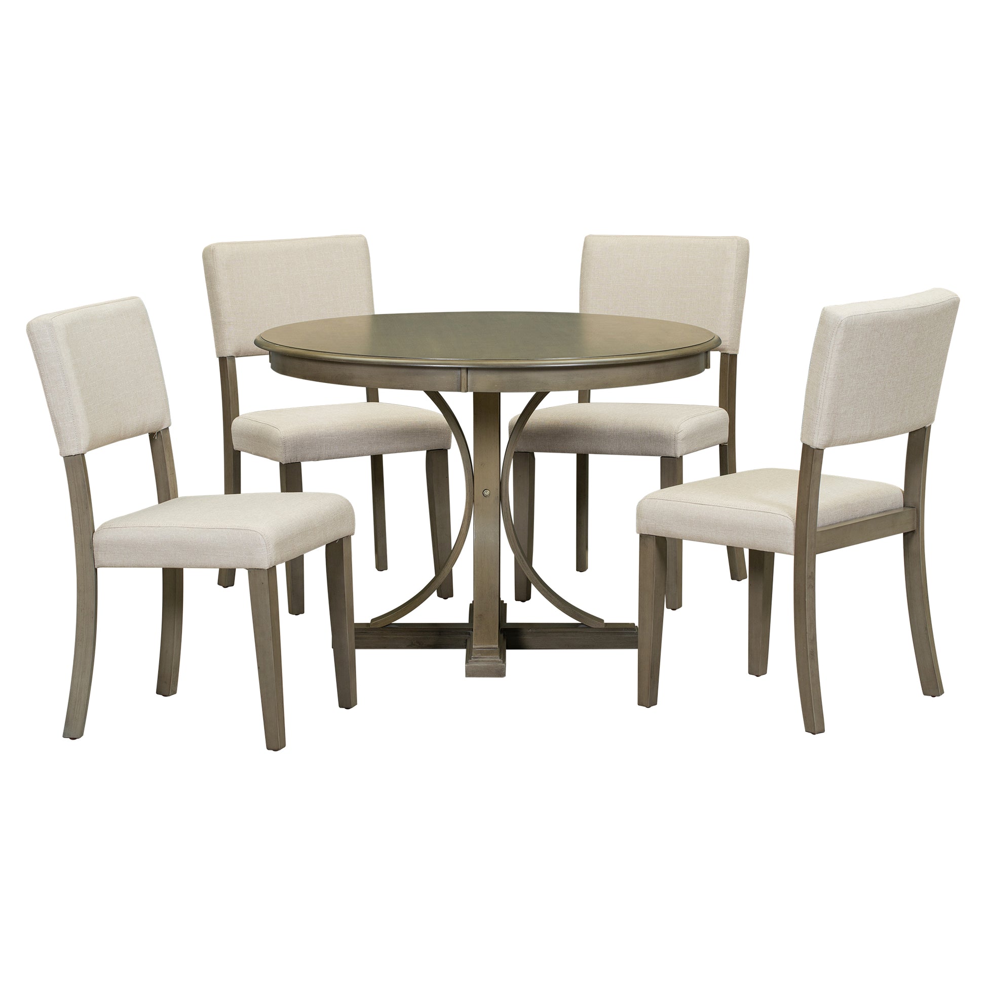 Round grey dining table with four upholstered chairs