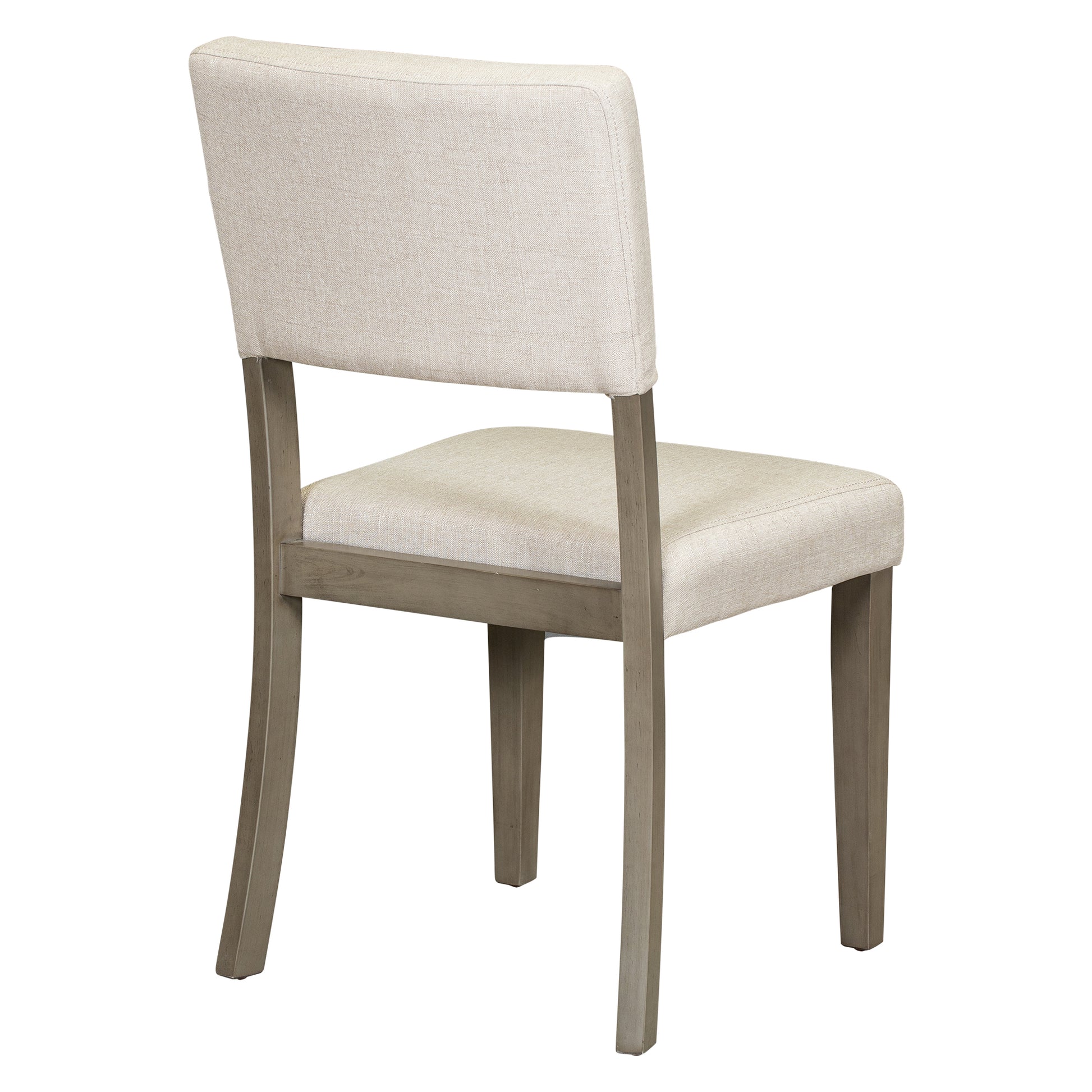 Cream upholstered dining chair with grey wood legs viewed from the back