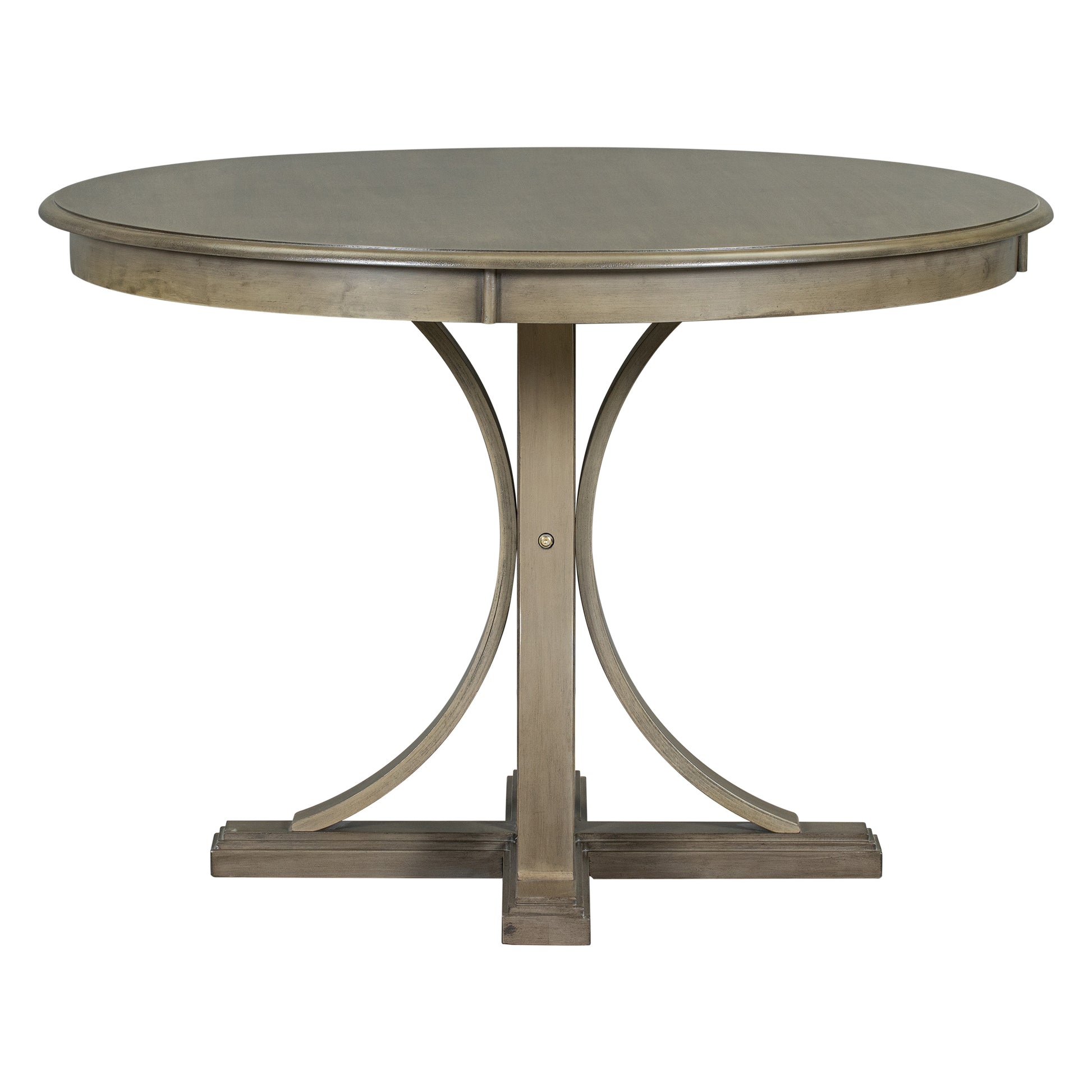 Round gray washed wood dining table with curved metal legs