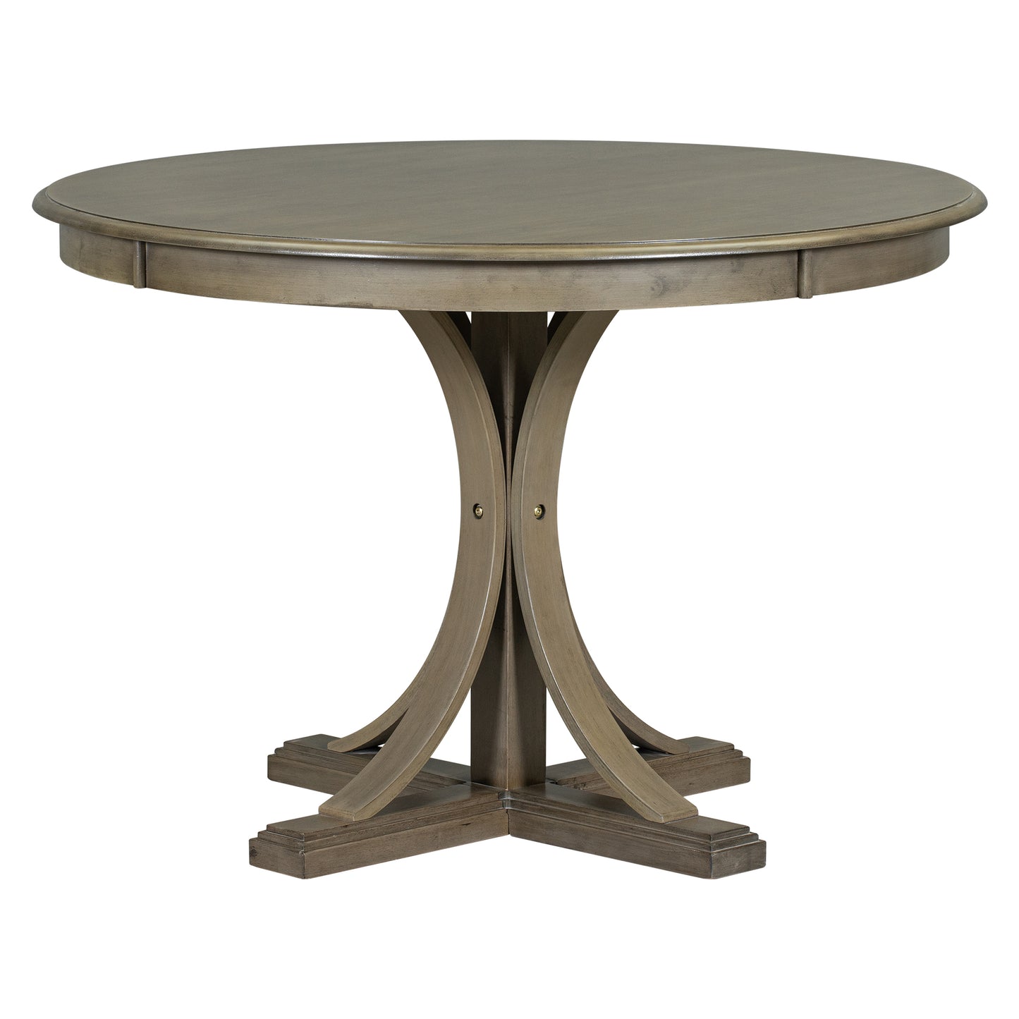 Round wooden dining table with a grey wash finish and pedestal base