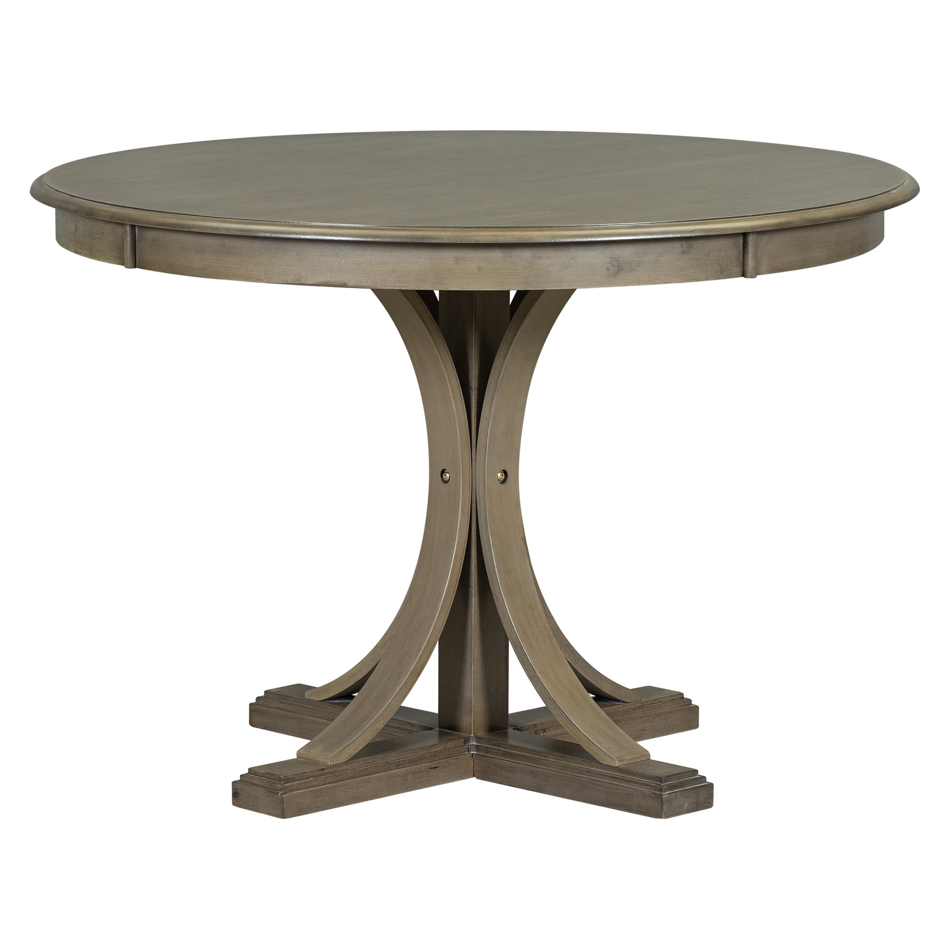 Round wooden dining table with a grey wash finish and pedestal base