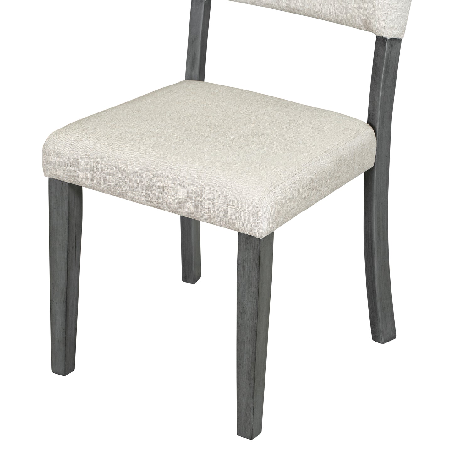 Upholstered dining chair with beige linen seat and gray wooden legs