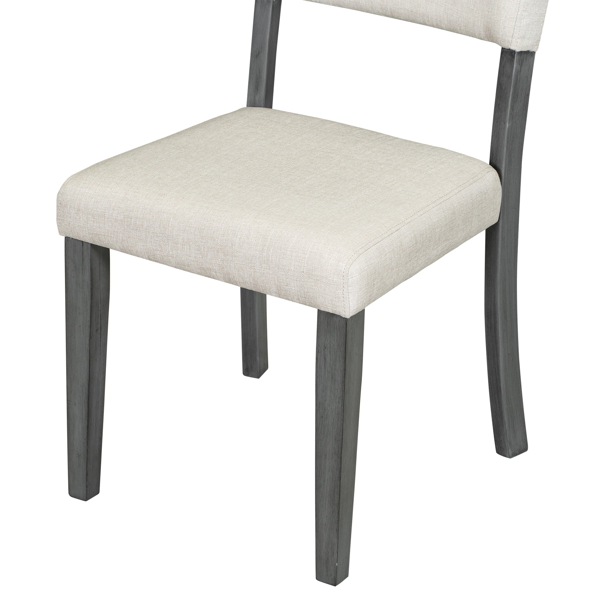 Upholstered dining chair with beige linen seat and gray wooden legs