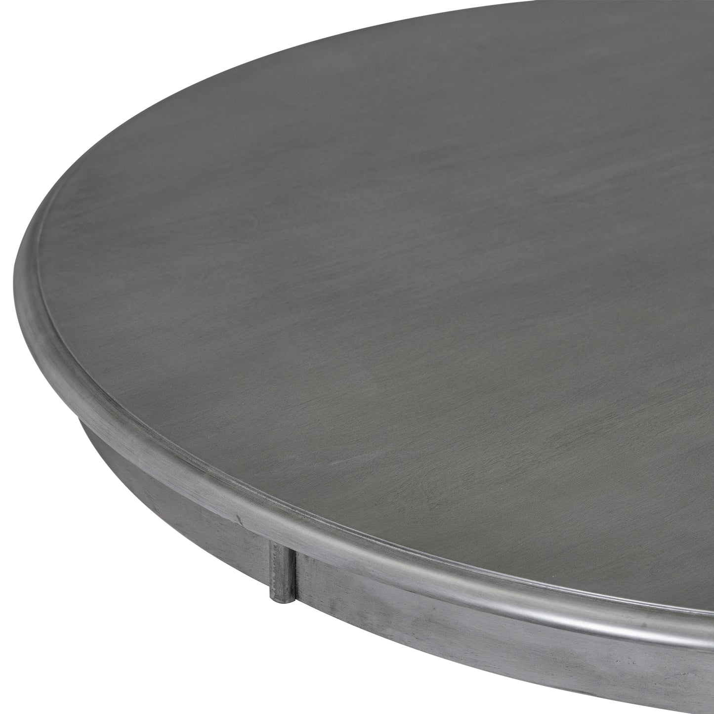 Round gray distressed wood tabletop edge detail for dining table