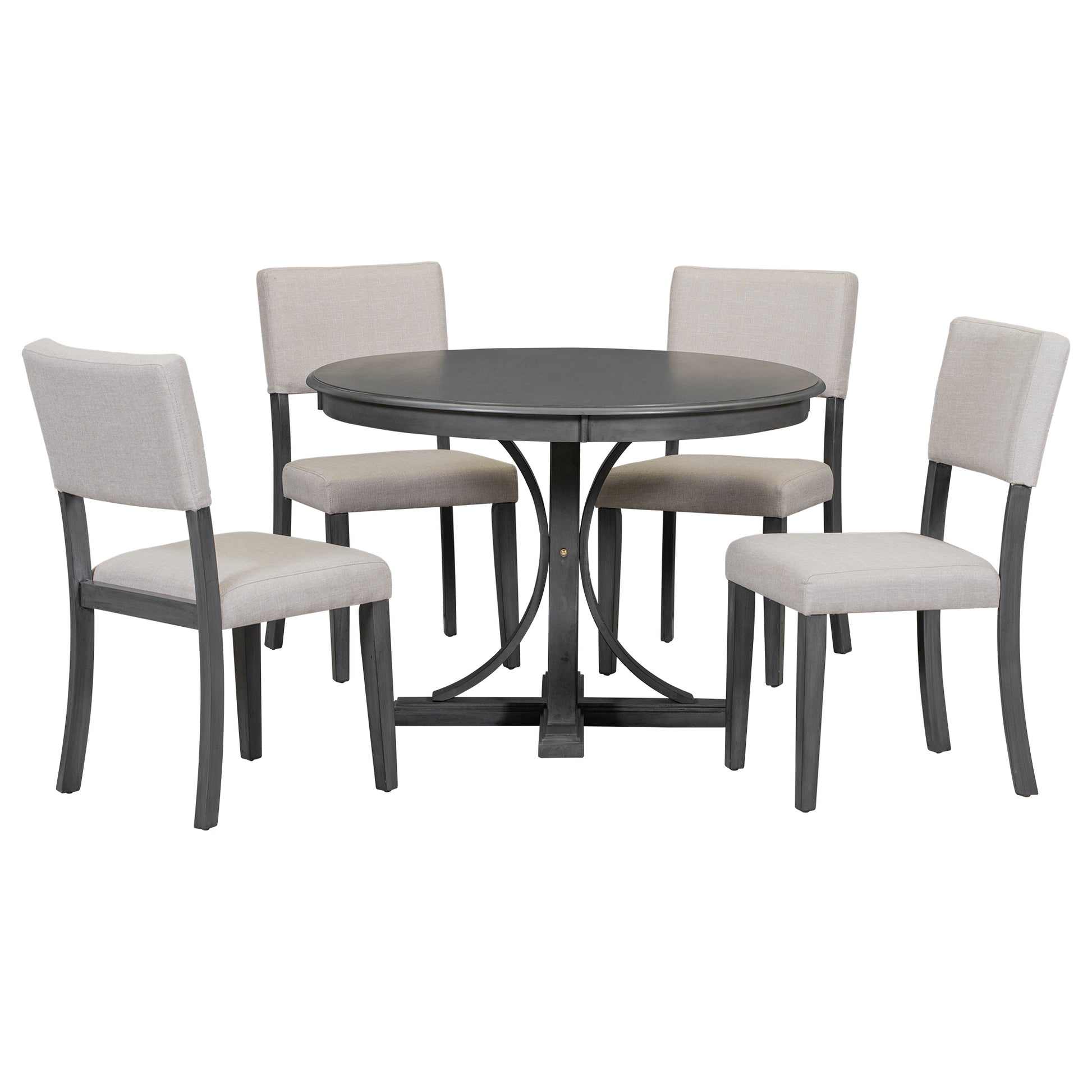 Round dark gray dining table with four upholstered chairs