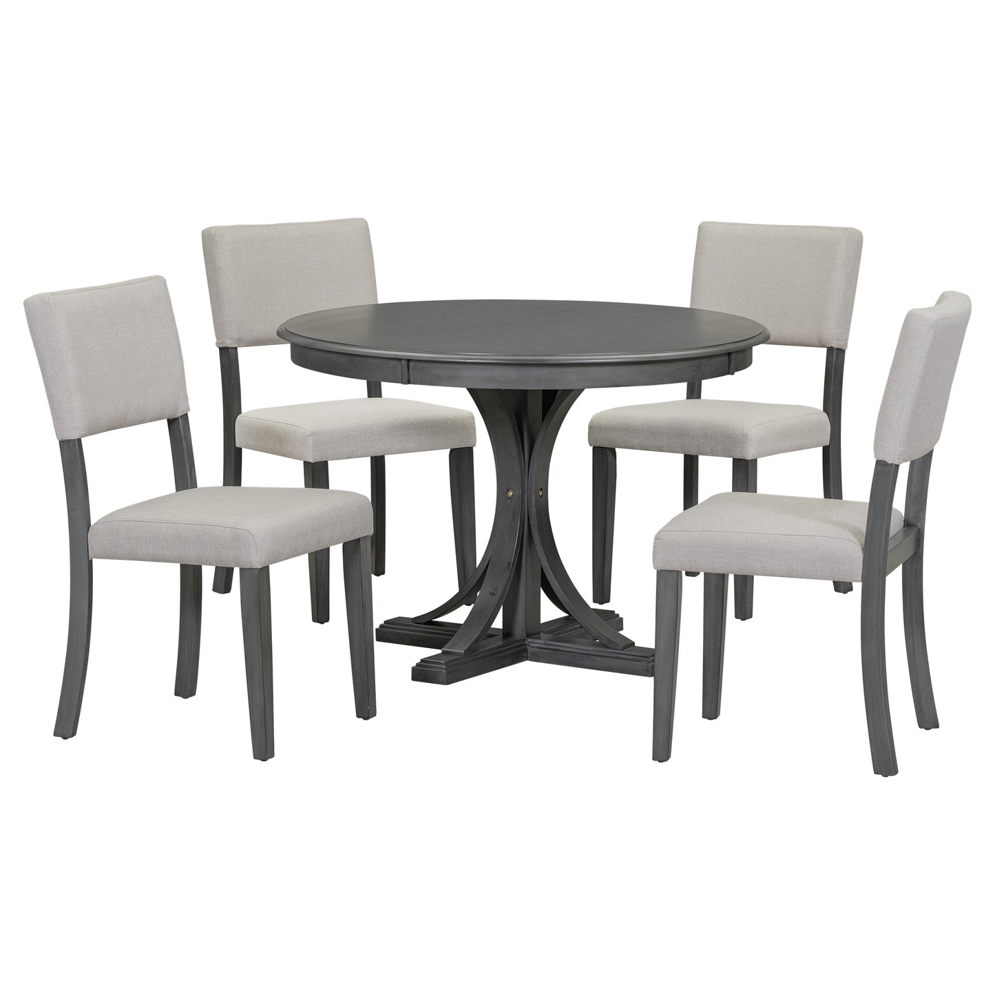 Round grey dining table with four upholstered chairs