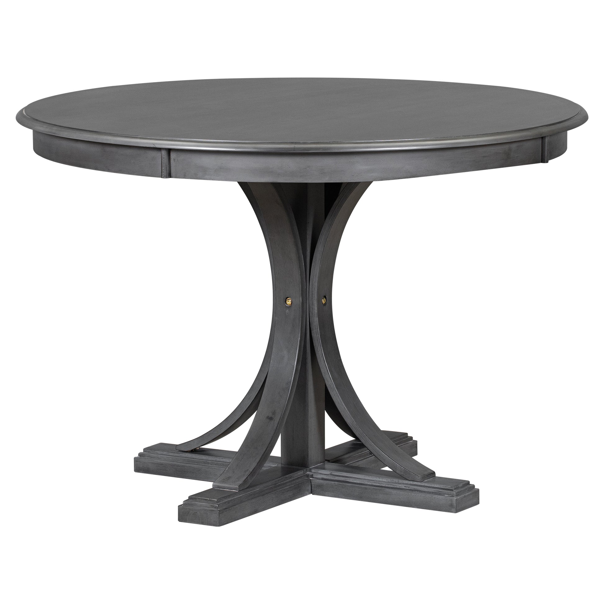 Round grey wood dining table with pedestal base