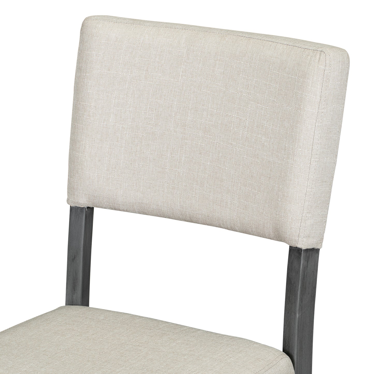 Beige linen upholstered dining chair with dark wood legs