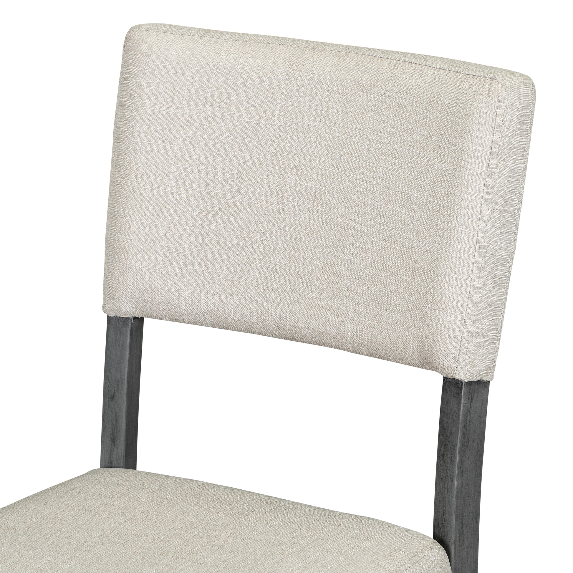 Beige linen upholstered dining chair with dark wood legs