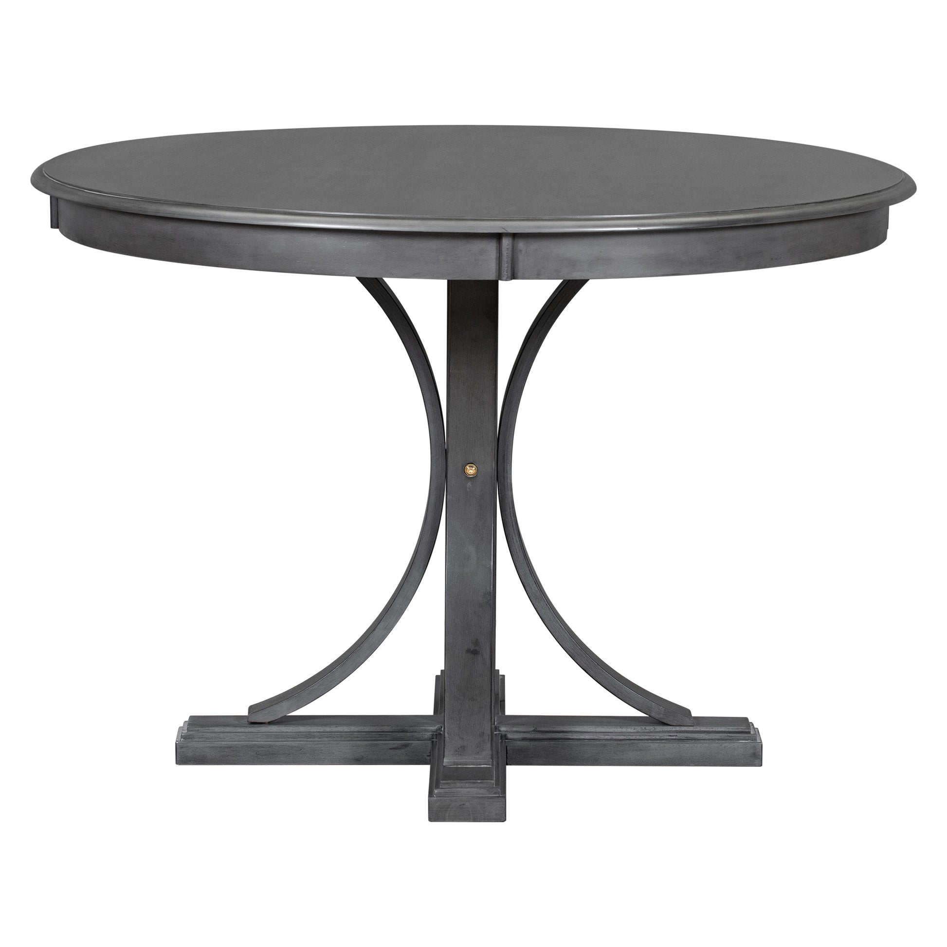 Round pedestal dining table in distressed charcoal finish