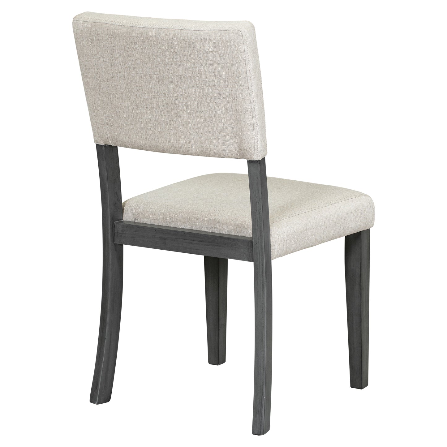 Beige upholstered dining chair with dark gray wood frame and tapered legs