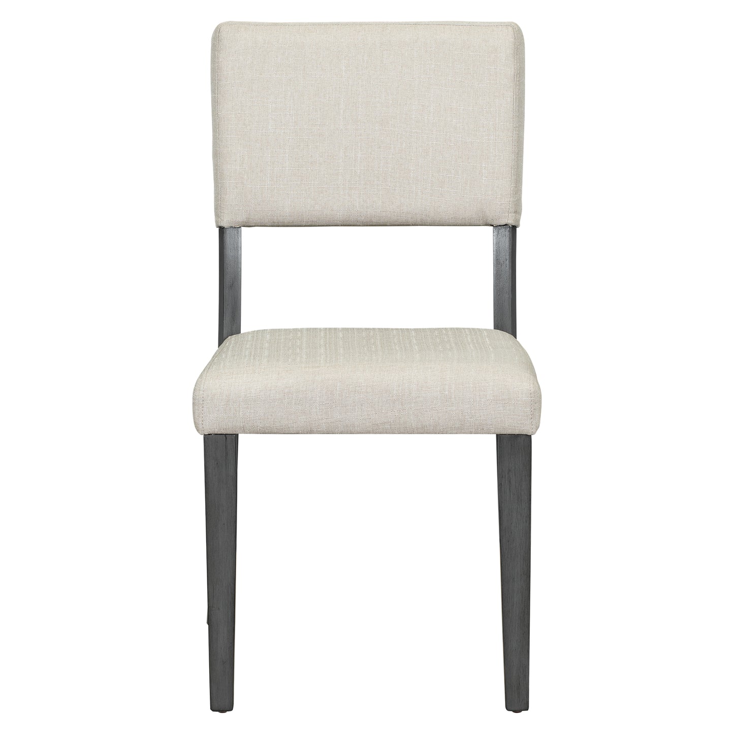 Upholstered dining chair with neutral linen fabric and dark wood legs